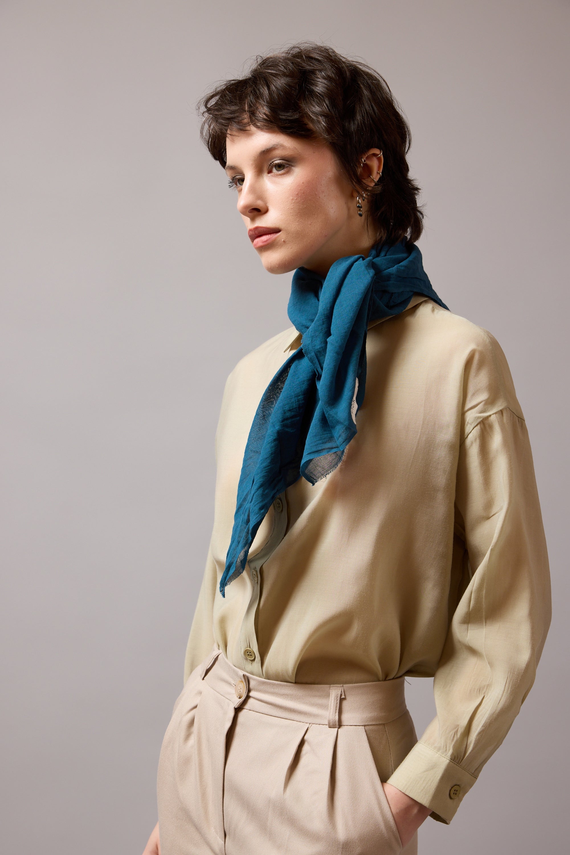 SEA BLUE ORGANİK PAMUK HANDMADE KARE FULAR