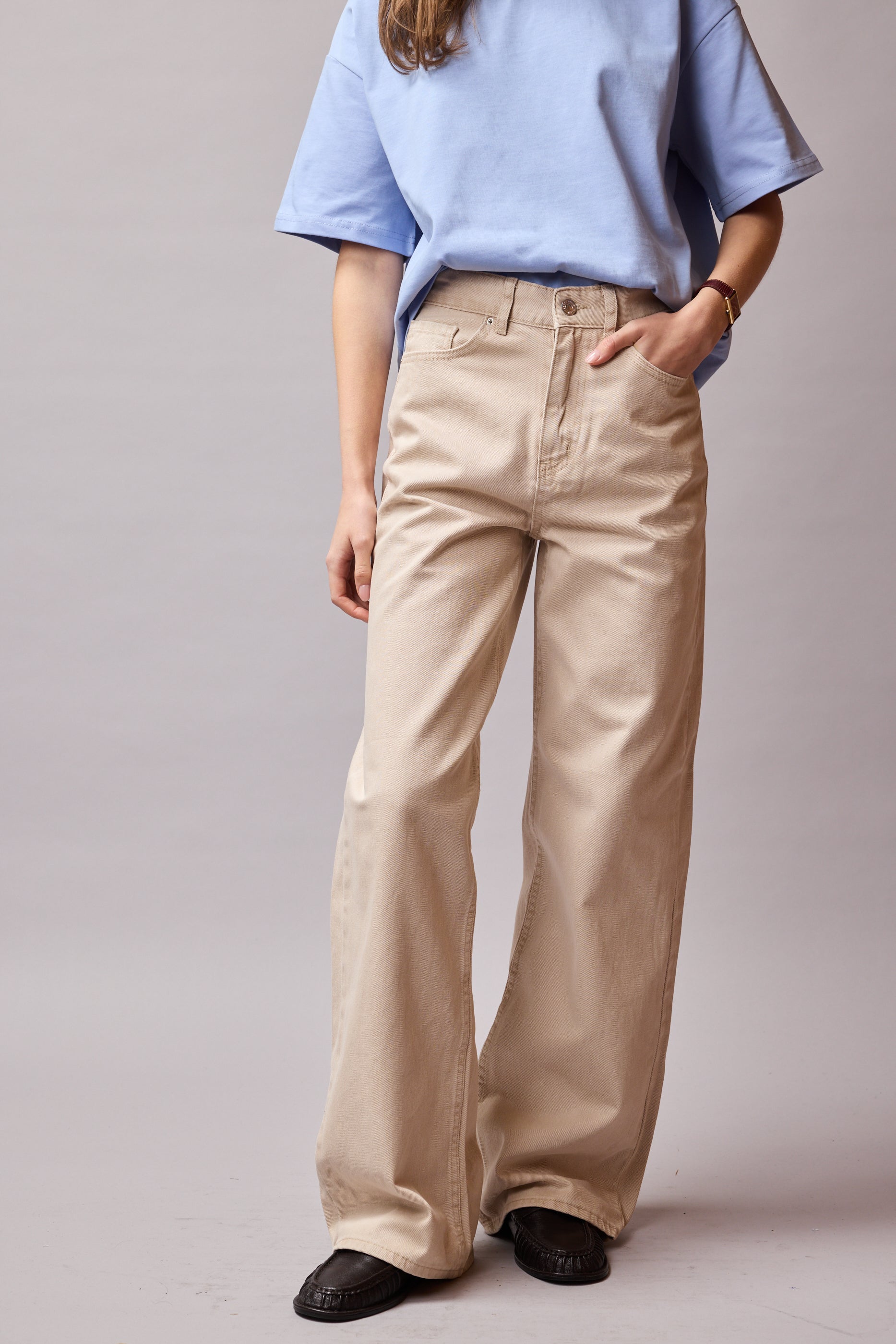 STRAIGHT FIT HIGH WAIST WIDE LEG JEANS BEIGE