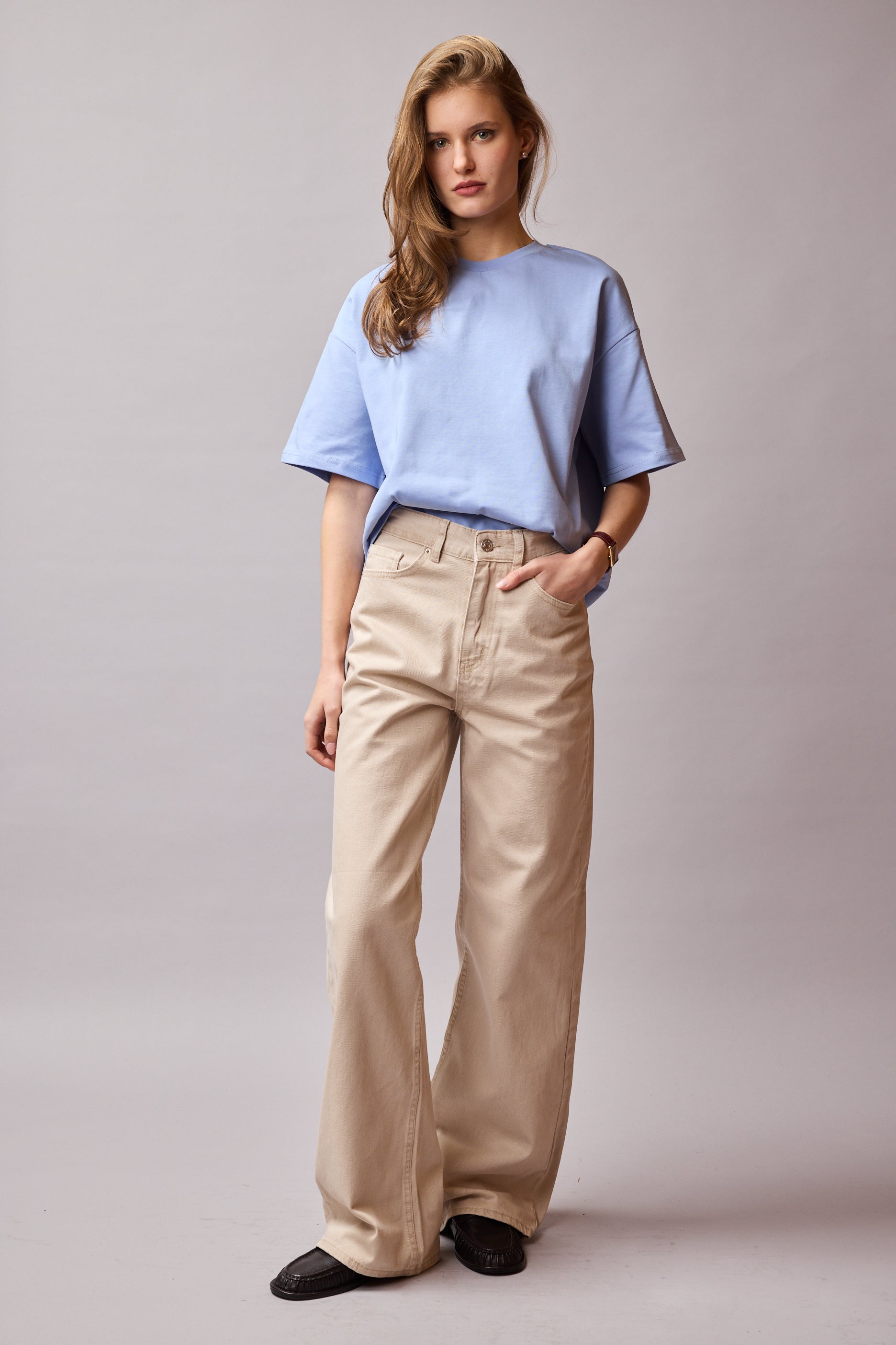 STRAIGHT FIT HIGH WAIST WIDE LEG JEANS BEIGE