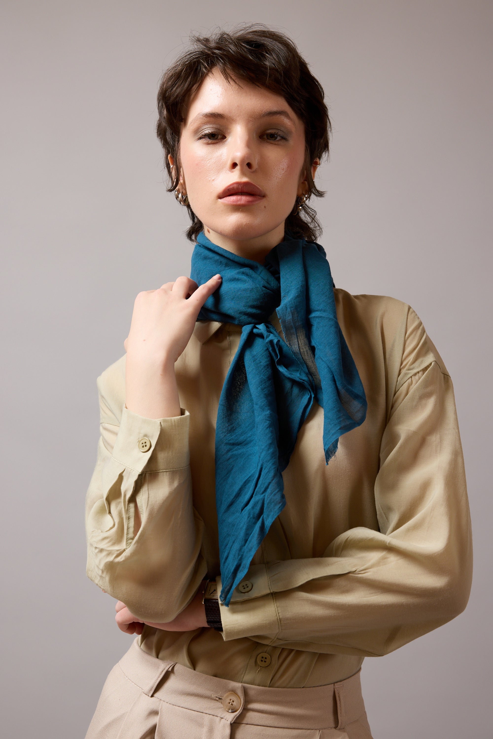 SEA BLUE ORGANİK PAMUK HANDMADE KARE FULAR