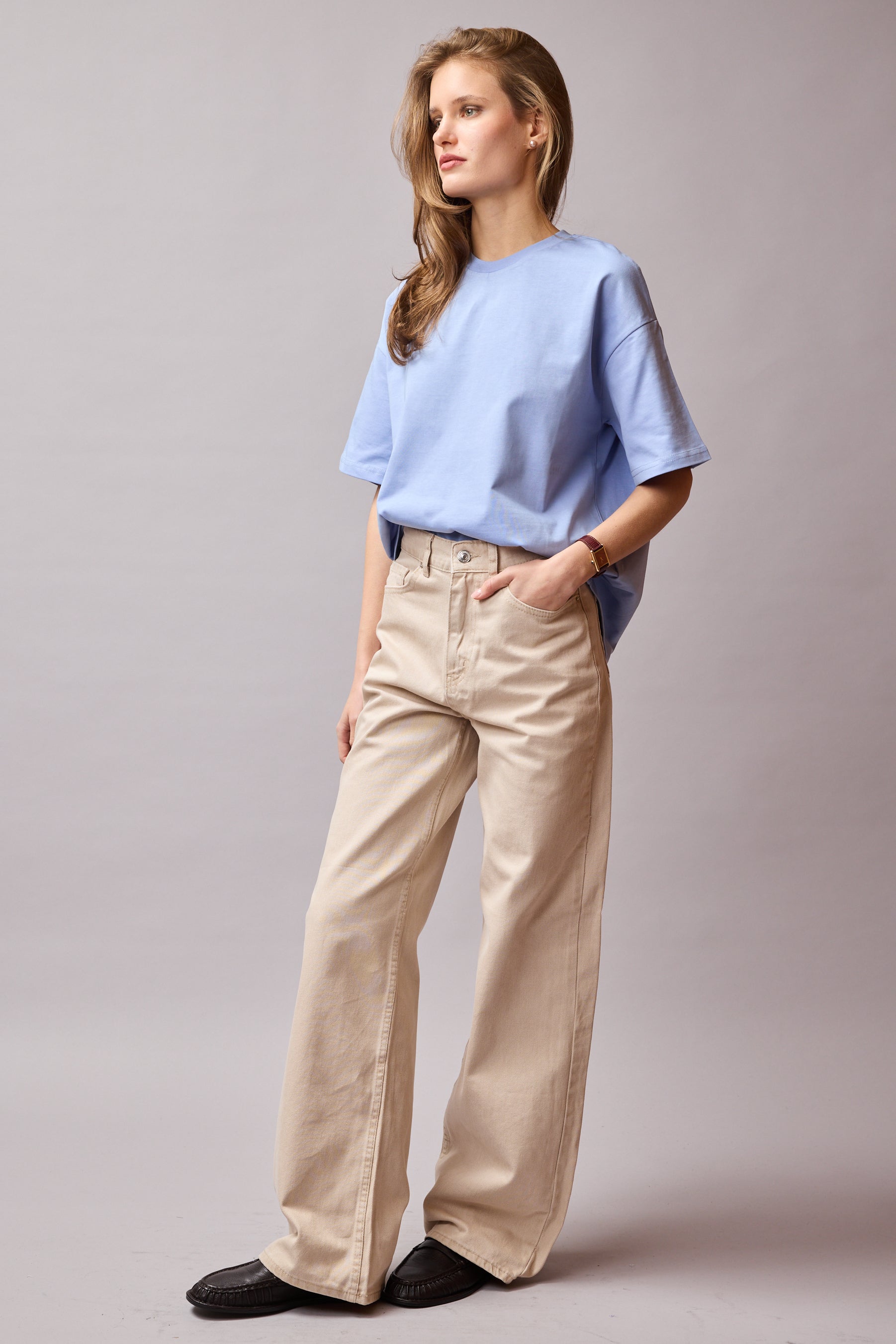 STRAIGHT FIT HIGH WAIST WIDE LEG JEANS BEIGE