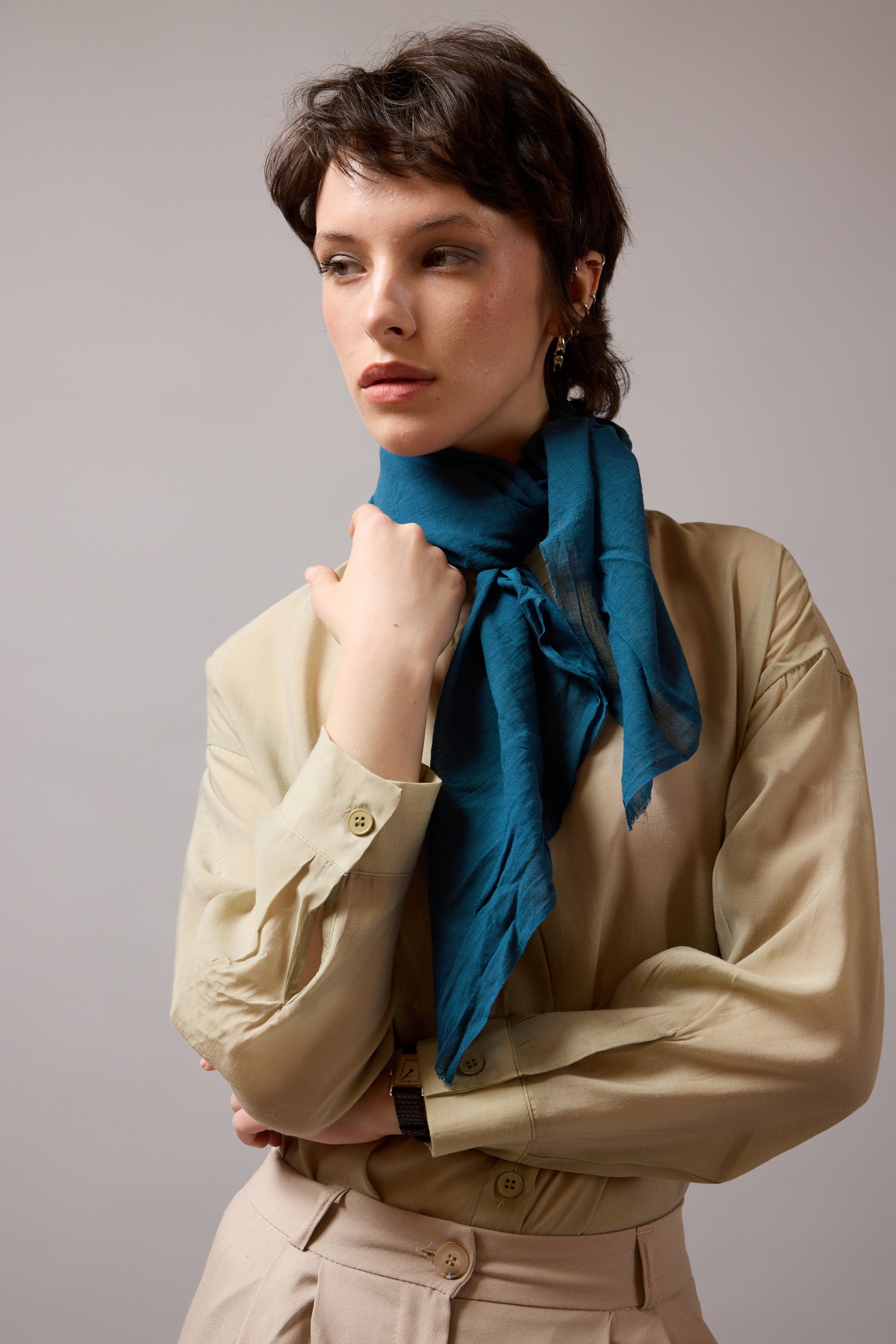 SEA BLUE ORGANİK PAMUK HANDMADE KARE FULAR