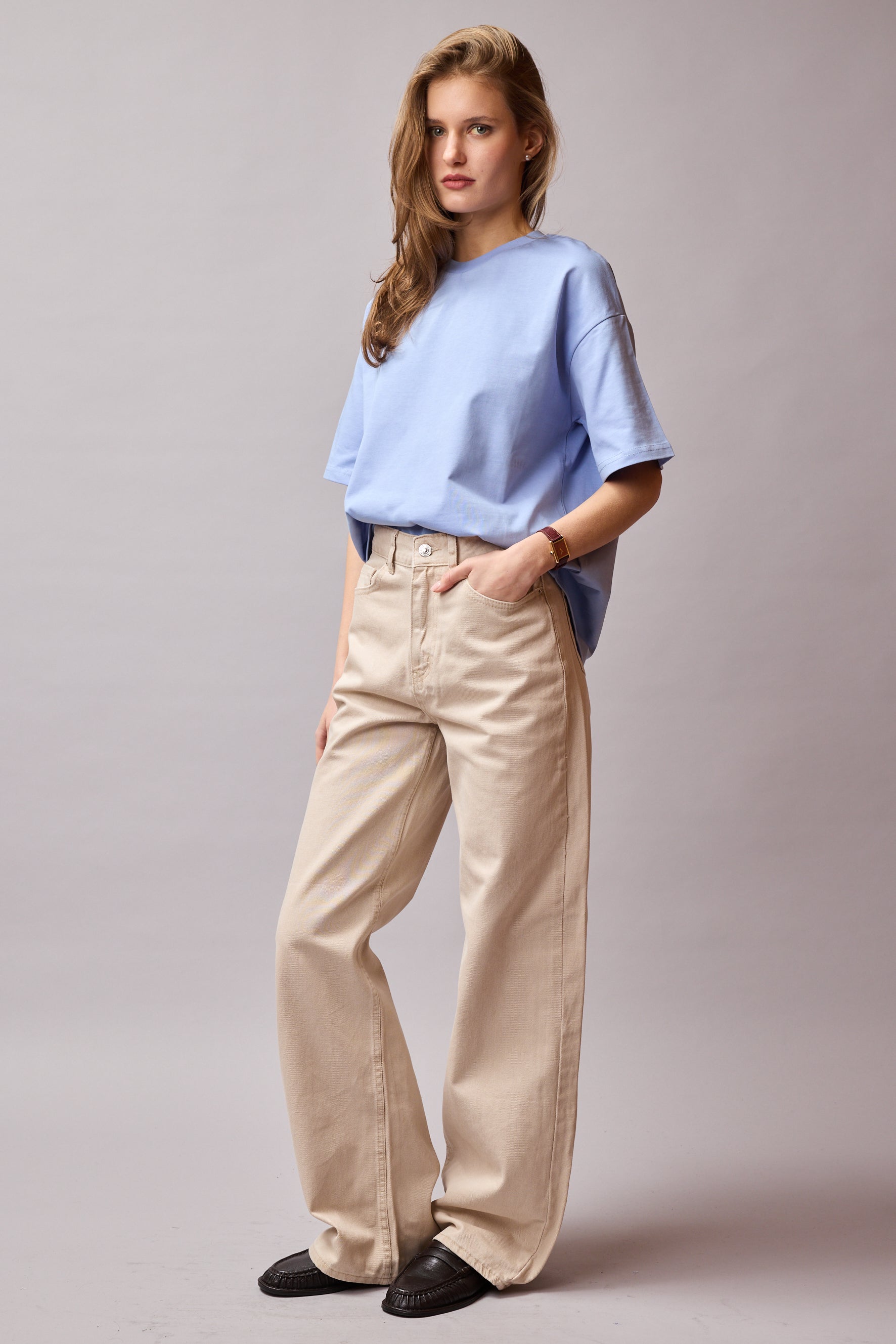 STRAIGHT FIT HIGH WAIST WIDE LEG JEANS BEIGE