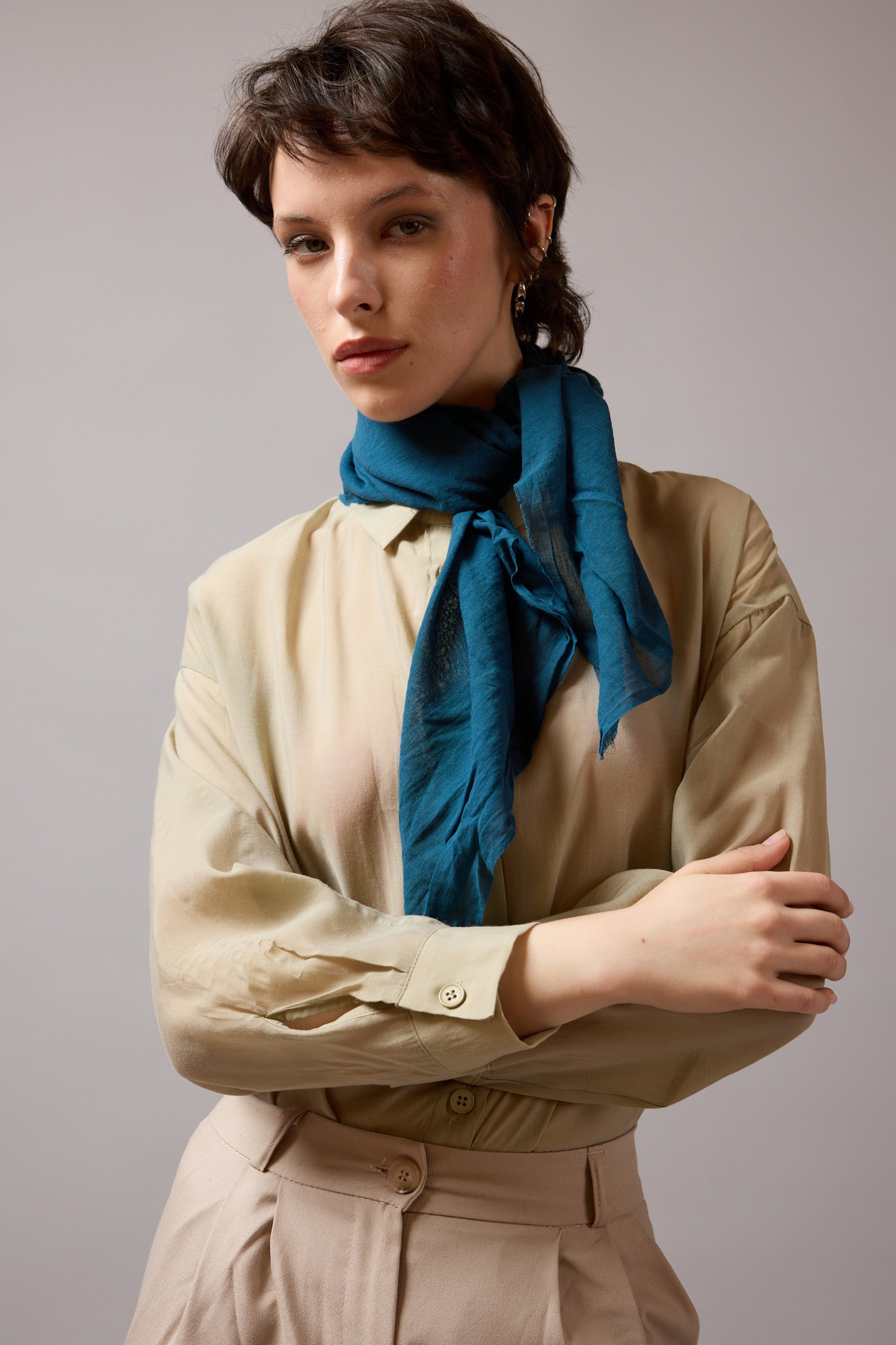 SEA BLUE ORGANİK PAMUK HANDMADE KARE FULAR