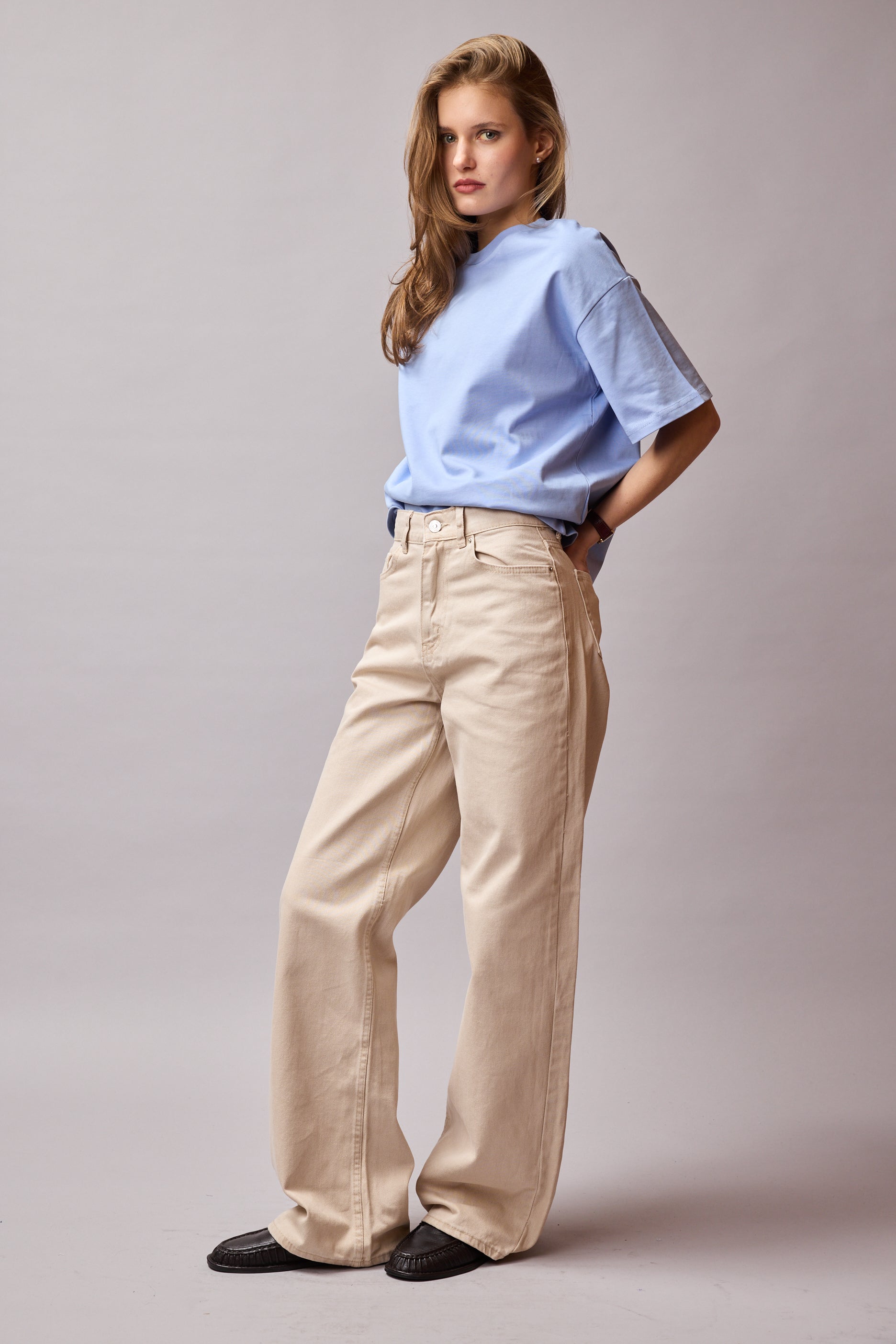 STRAIGHT FIT HIGH WAIST WIDE LEG JEANS BEIGE