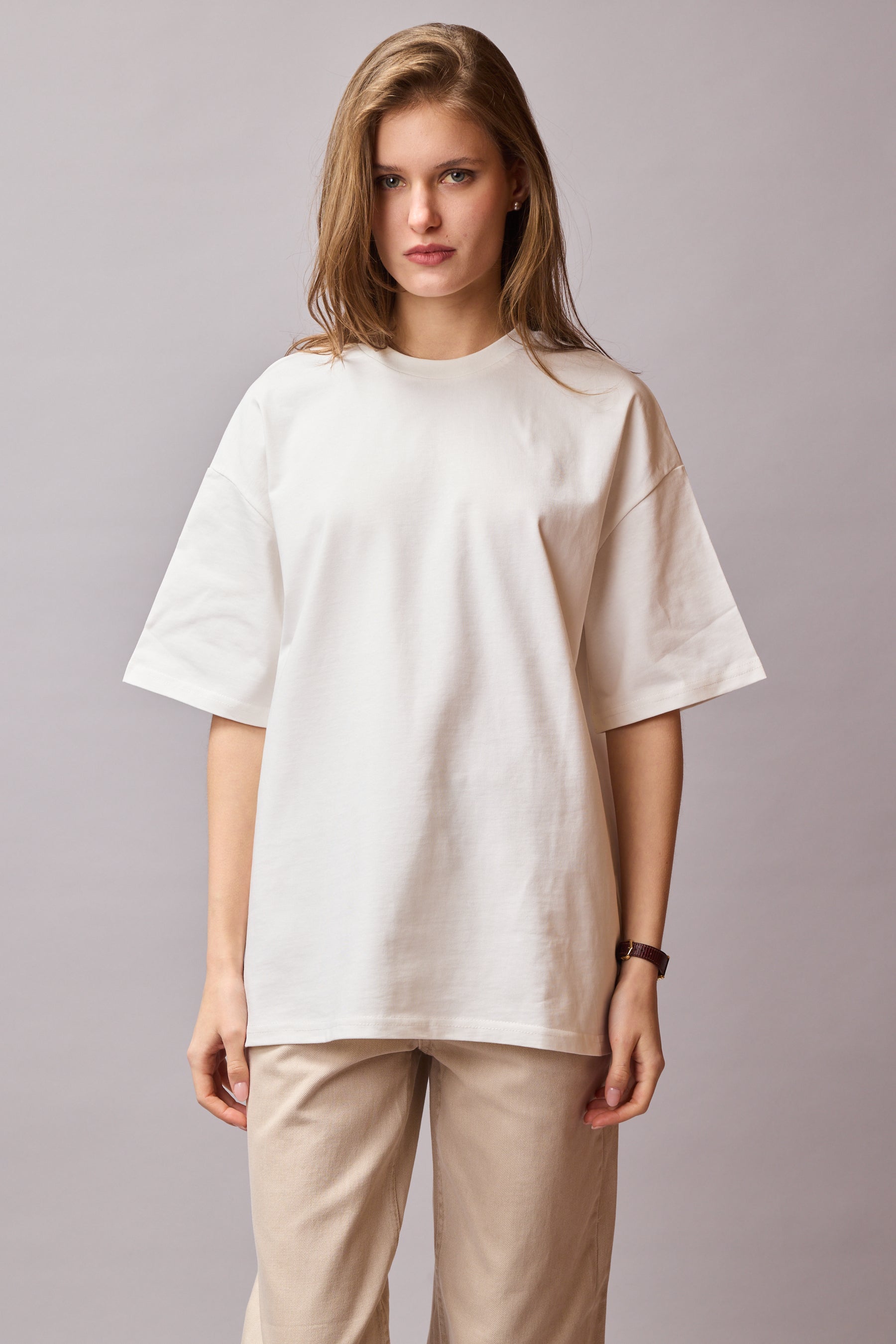 OVERSIZE KISA KOLLU PAMUK T-SHIRT VANILLA