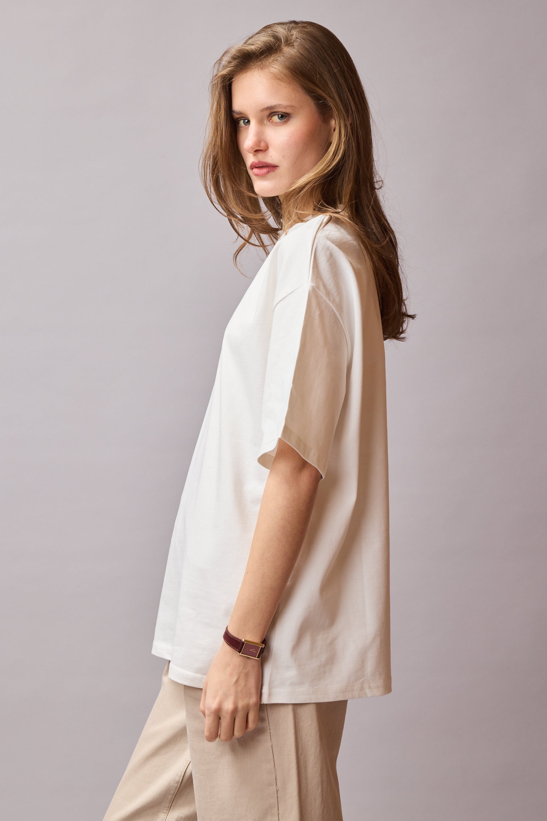 OVERSIZE KISA KOLLU PAMUK T-SHIRT VANILLA