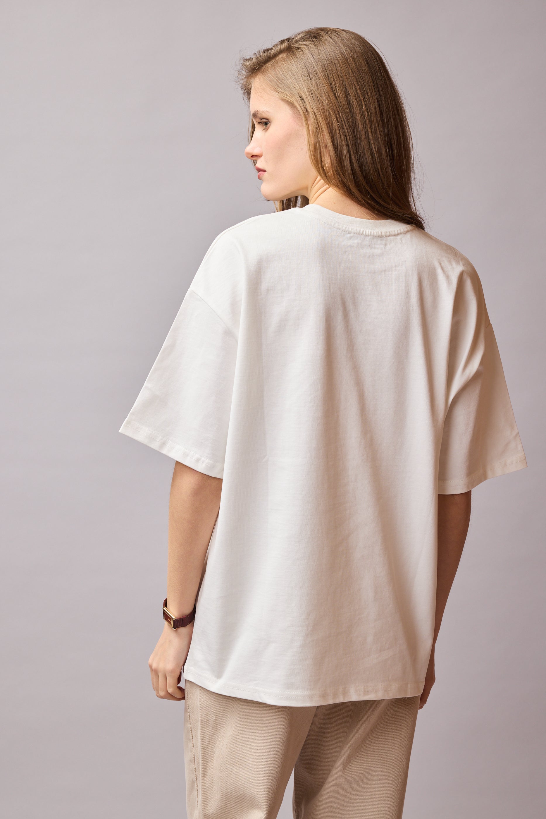 OVERSIZE KISA KOLLU PAMUK T-SHIRT VANILLA