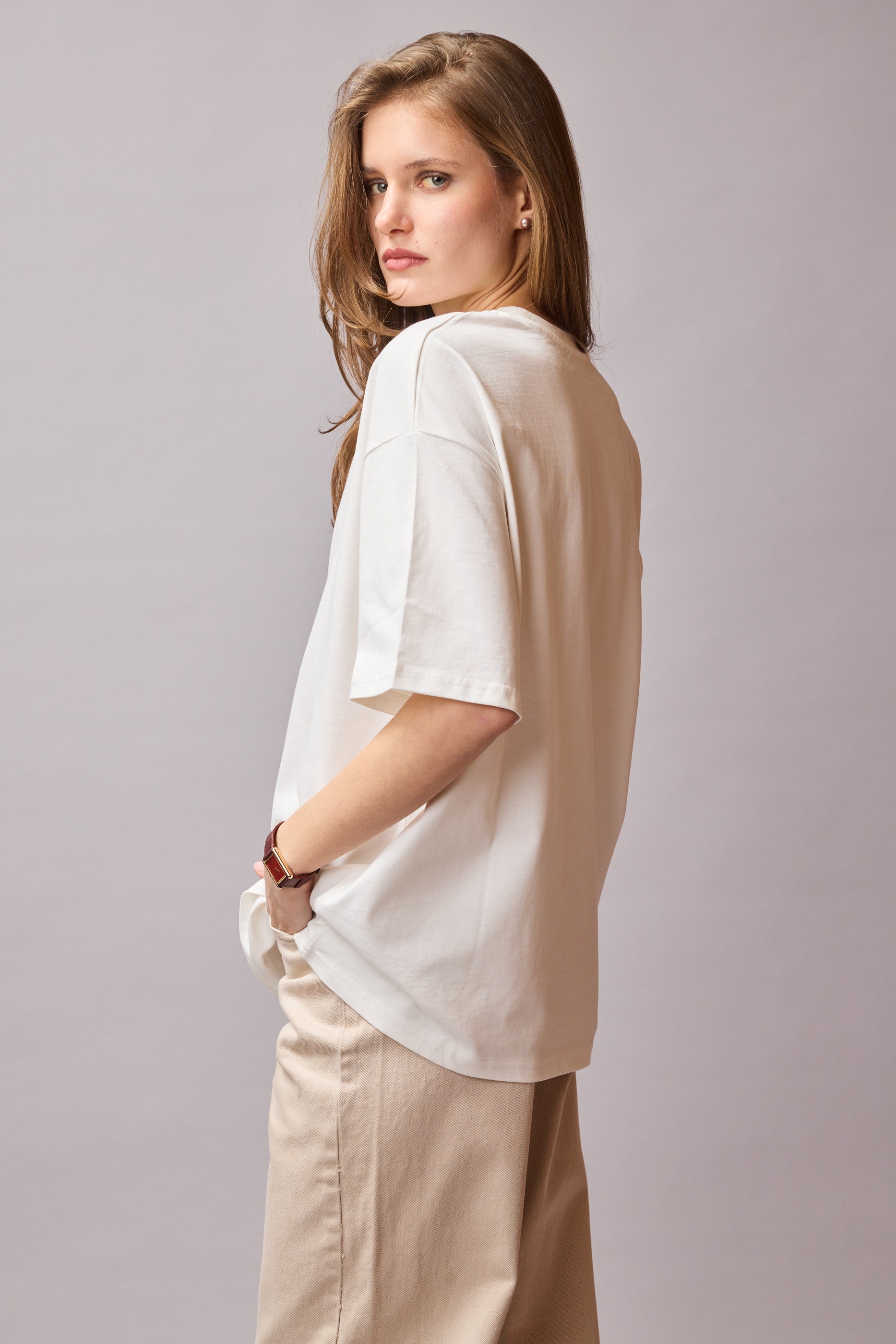 OVERSIZE KISA KOLLU PAMUK T-SHIRT VANILLA
