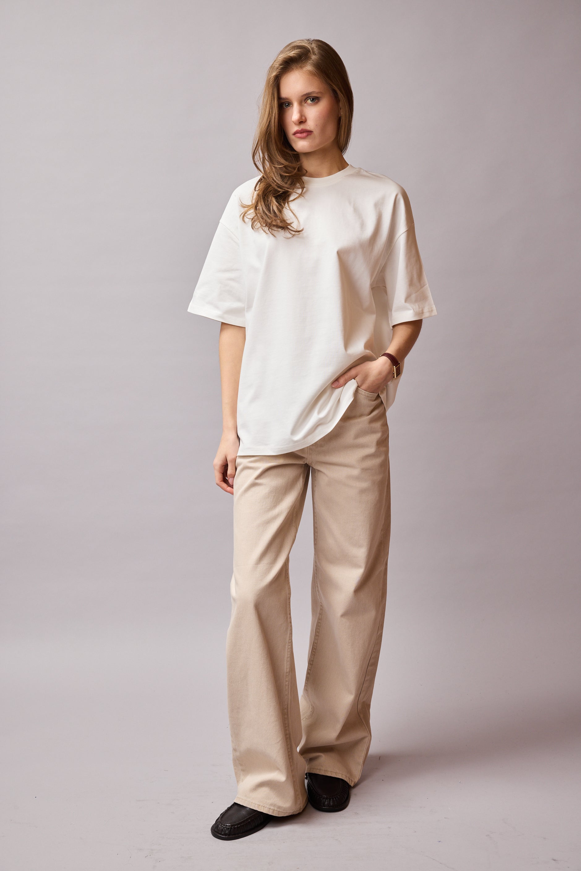 STRAIGHT FIT HIGH WAIST WIDE LEG JEANS BEIGE