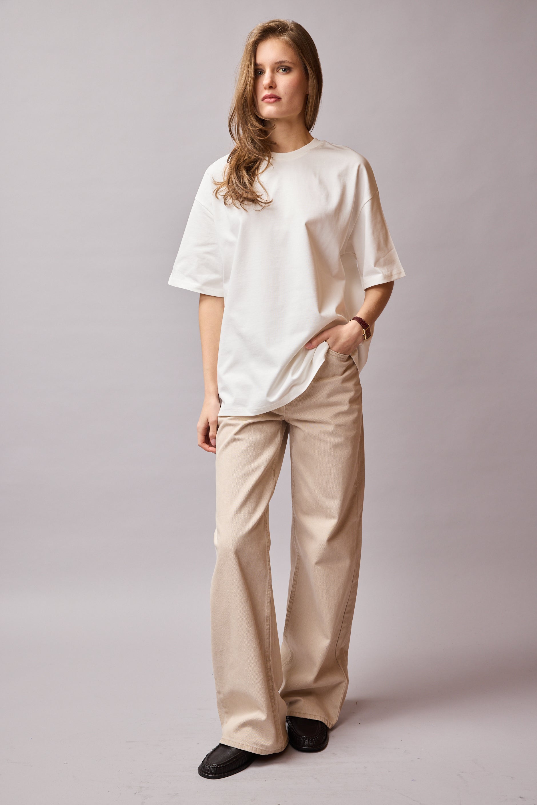 OVERSIZE KISA KOLLU PAMUK T-SHIRT VANILLA