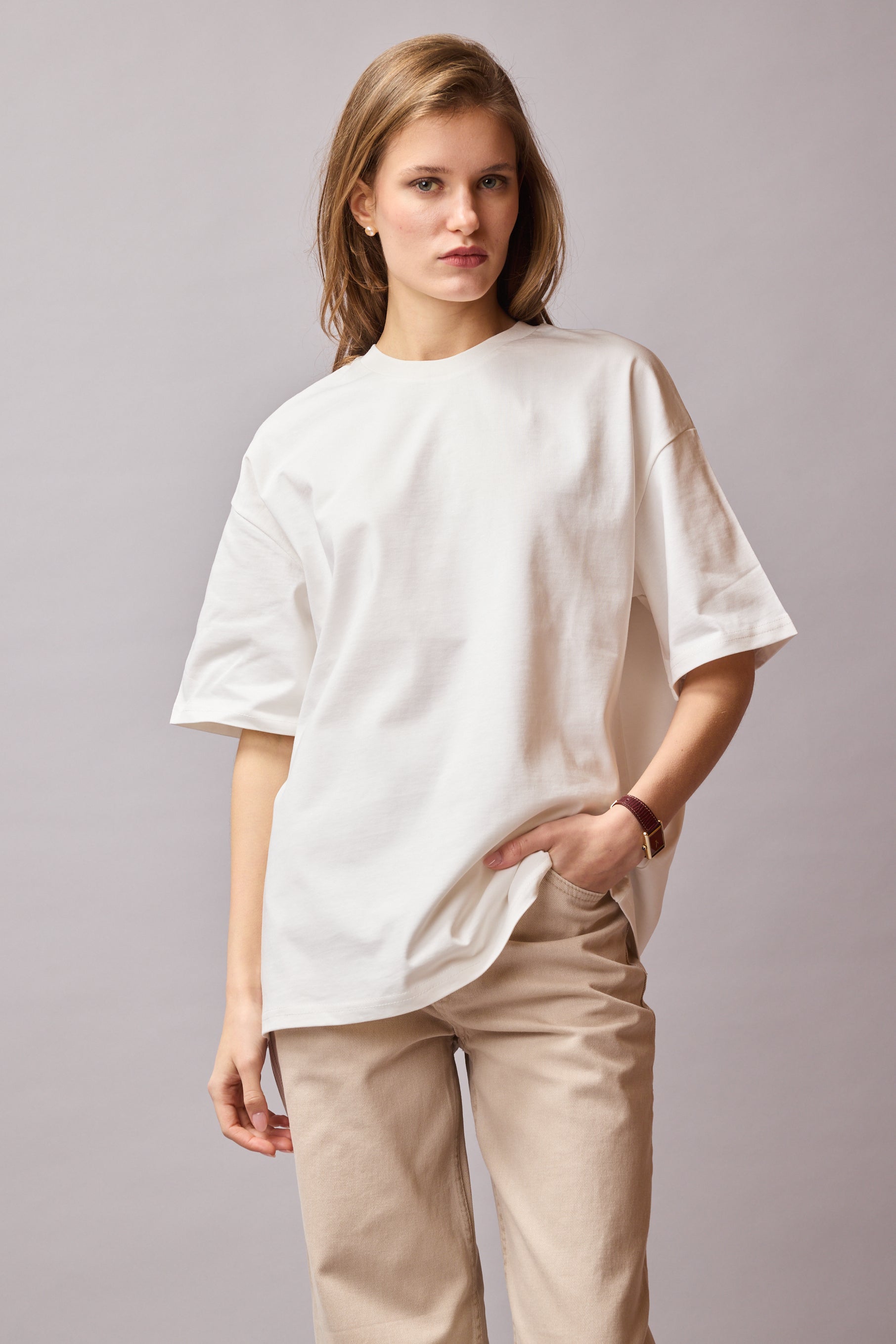 OVERSIZE KISA KOLLU PAMUK T-SHIRT VANILLA