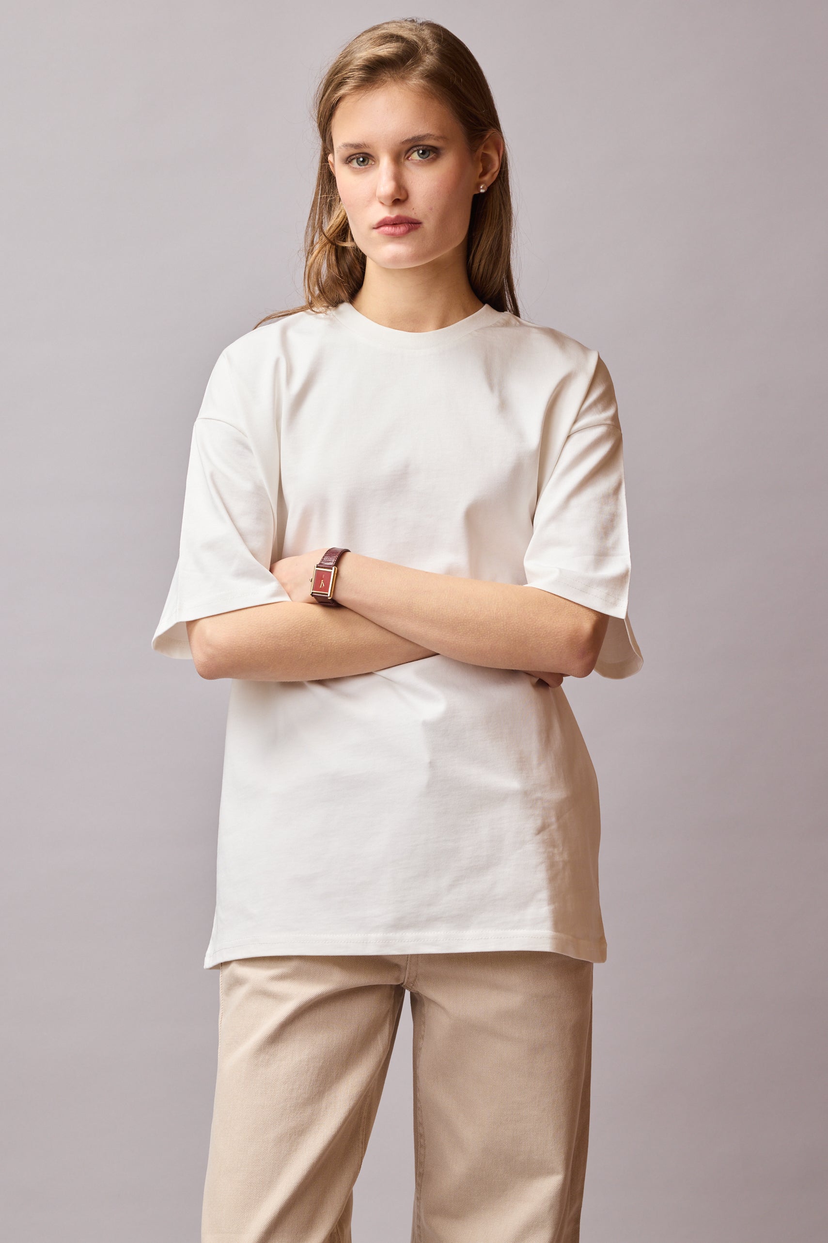 OVERSIZE KISA KOLLU PAMUK T-SHIRT VANILLA