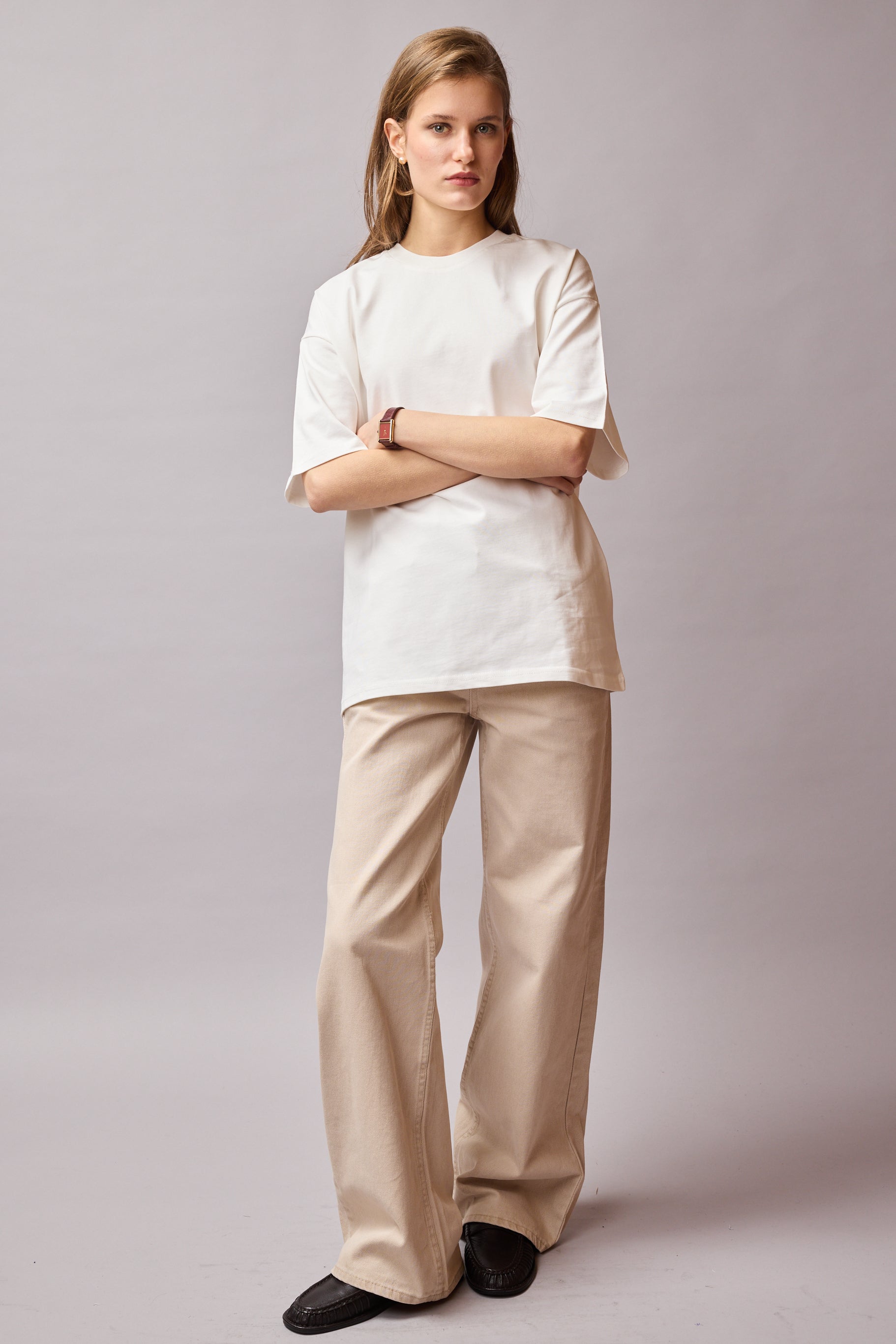 OVERSIZE KISA KOLLU PAMUK T-SHIRT VANILLA