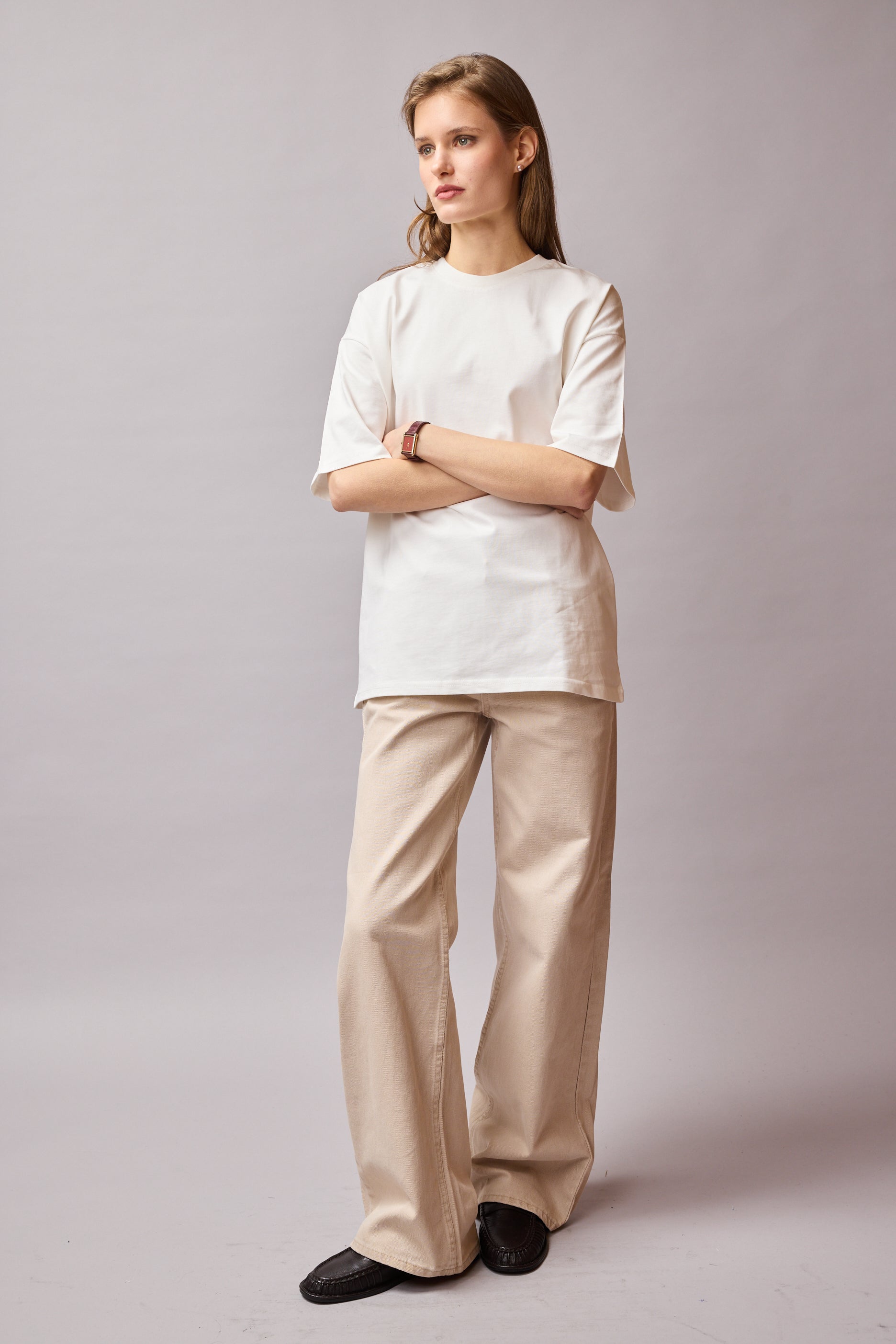 OVERSIZE KISA KOLLU PAMUK T-SHIRT VANILLA