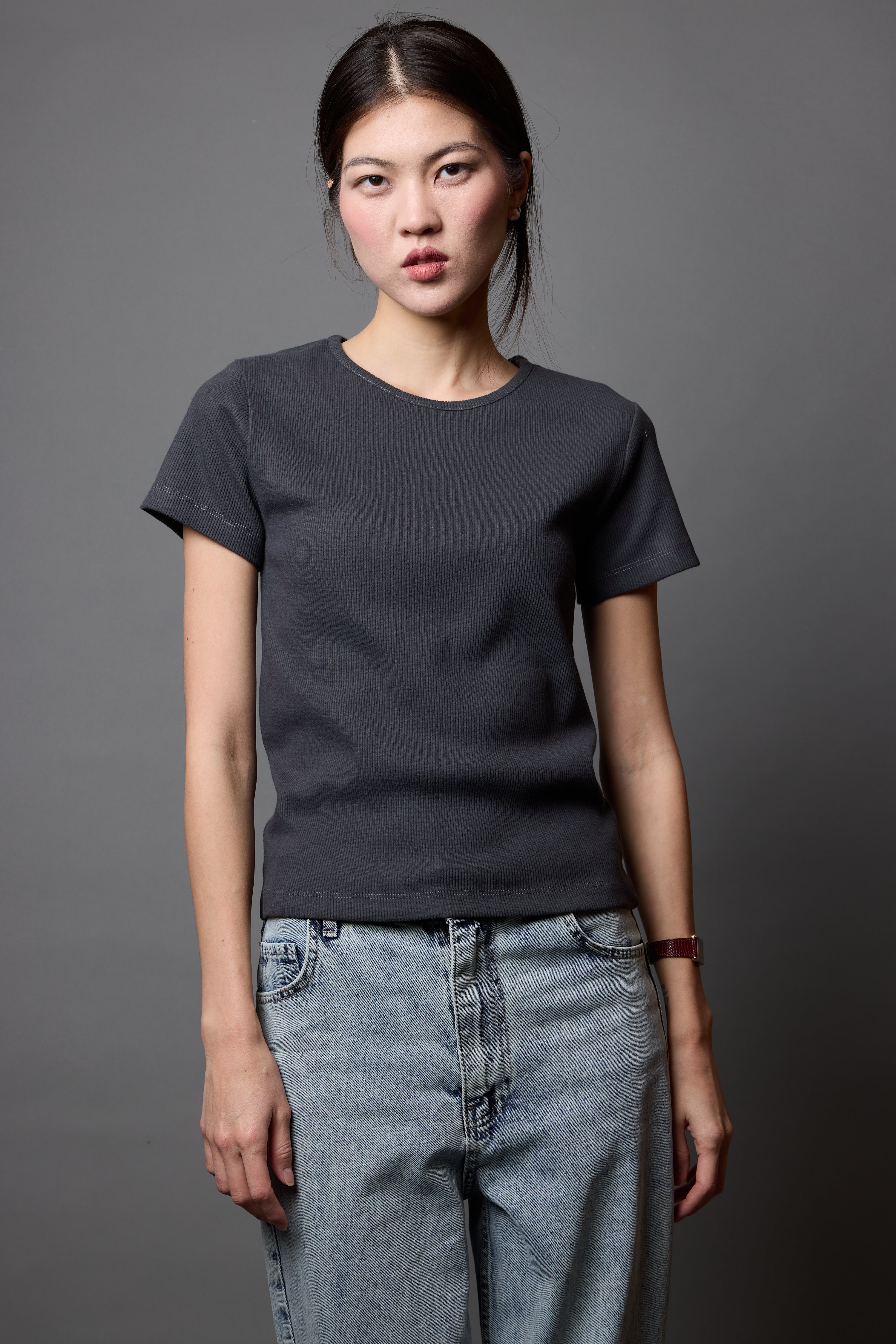 FITILLI KISA KOLLU PAMUK T-SHIRT ANTRASIT