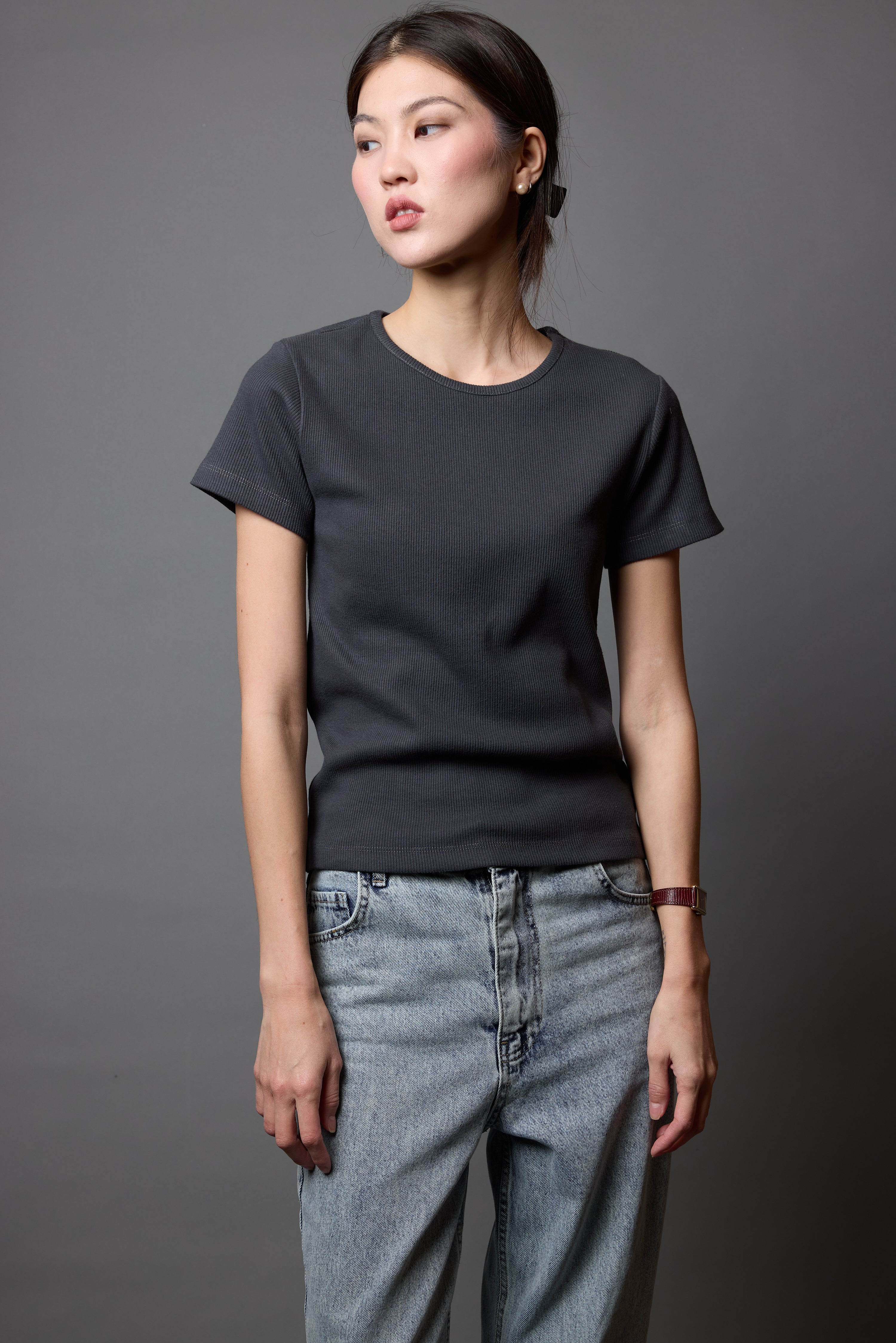 FITILLI KISA KOLLU PAMUK T-SHIRT ANTRASIT