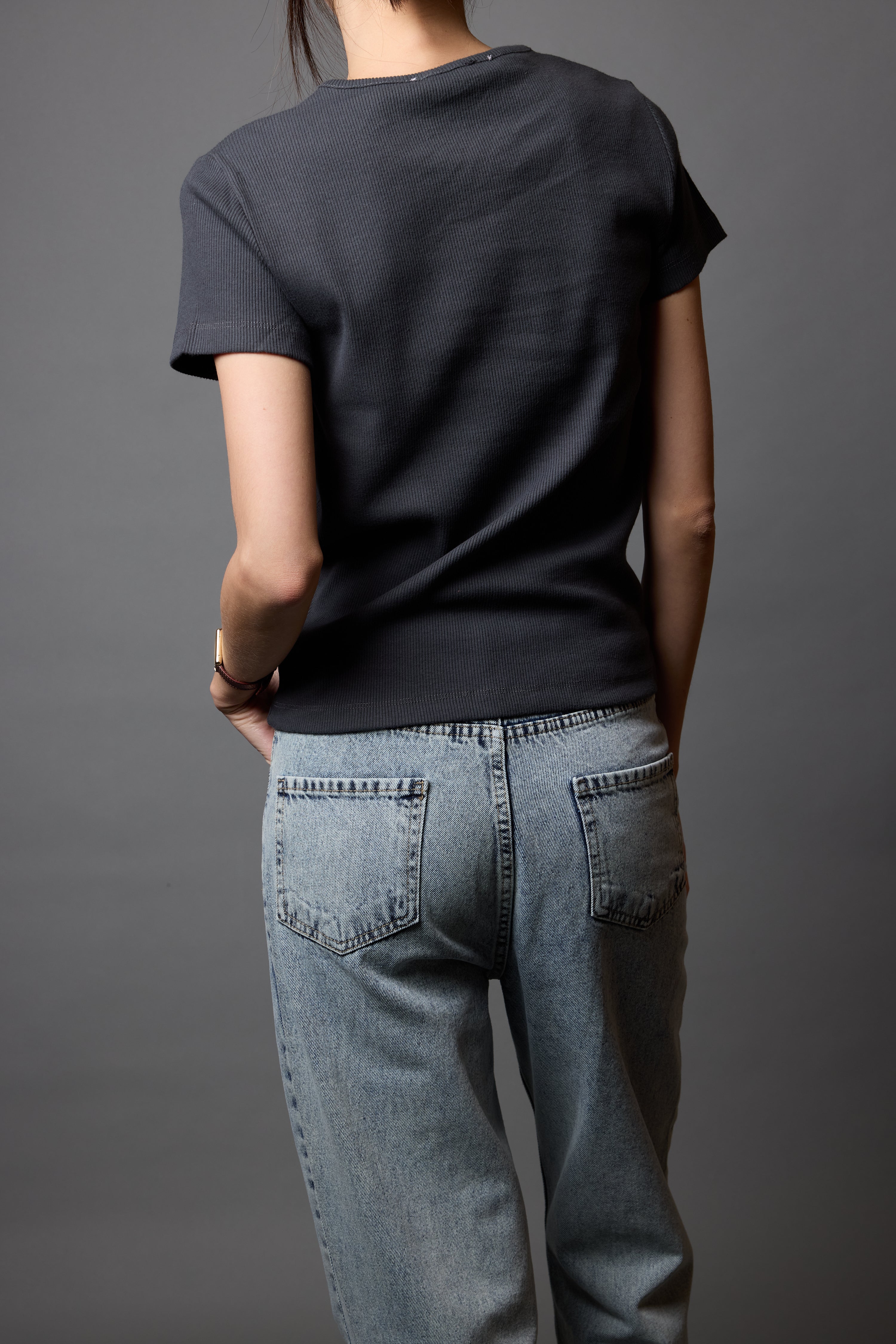 FITILLI KISA KOLLU PAMUK T-SHIRT ANTRASIT