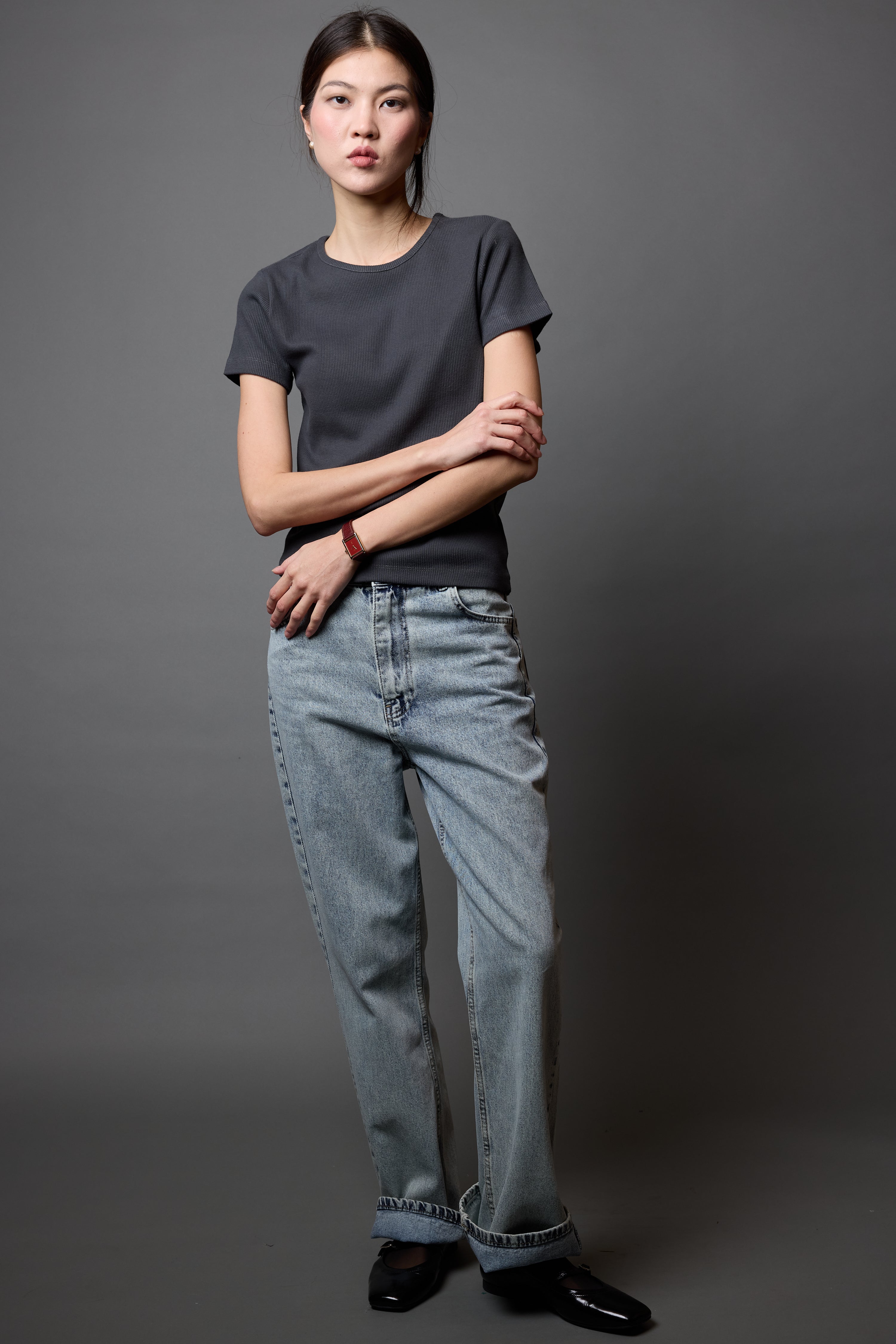 FITILLI KISA KOLLU PAMUK T-SHIRT ANTRASIT