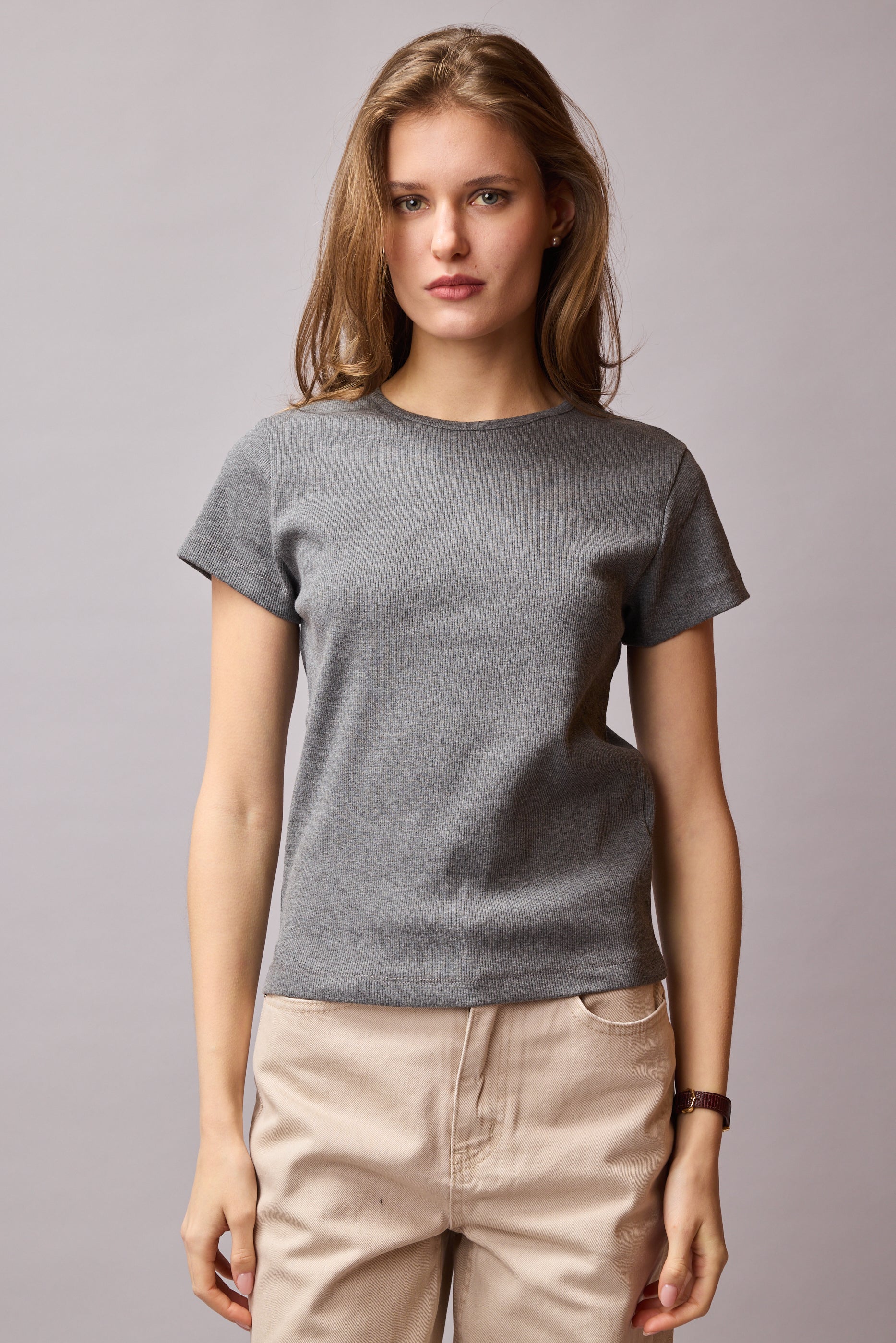 FITILLI KISA KOLLU PAMUK T-SHIRT FUME