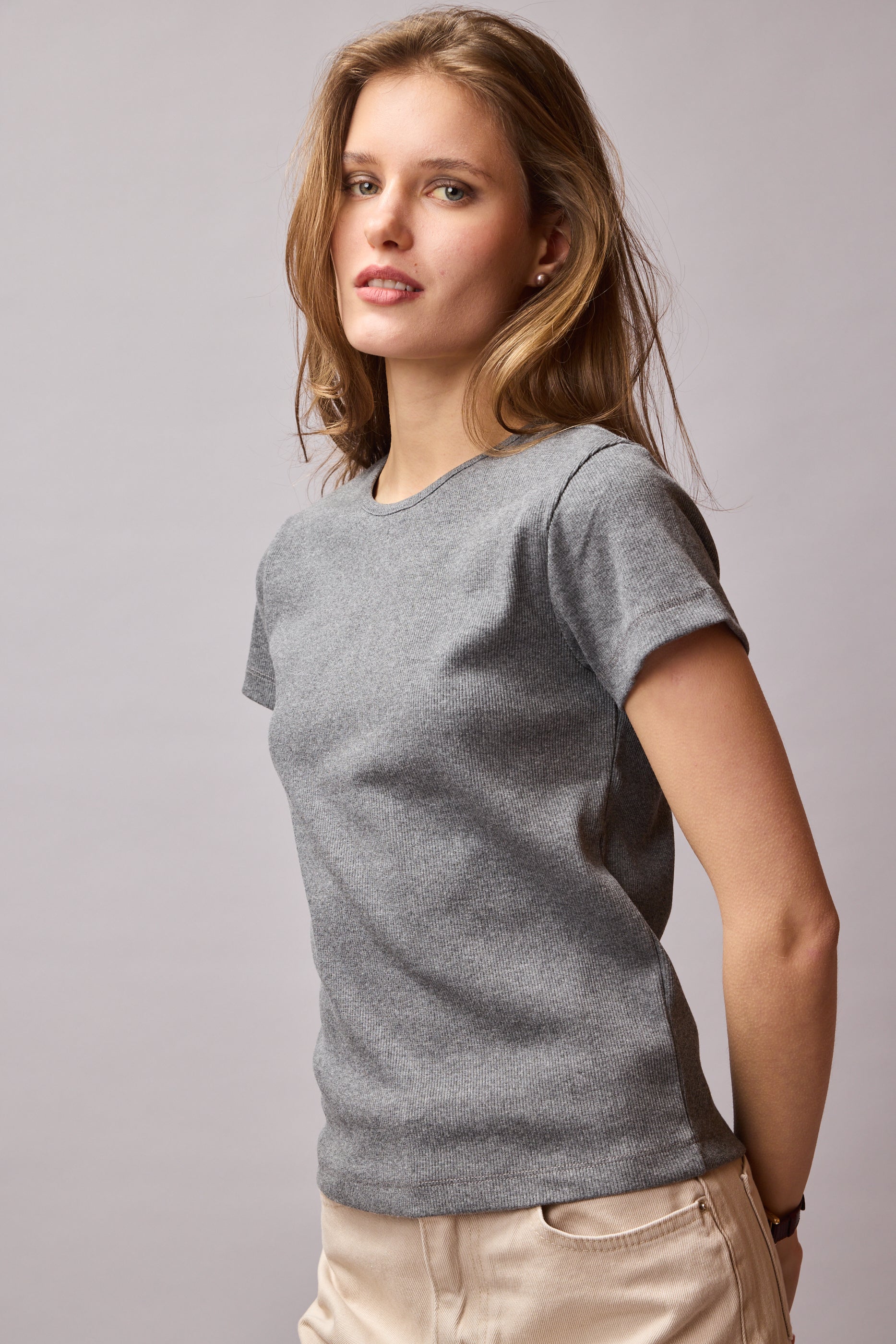 FITILLI KISA KOLLU PAMUK T-SHIRT FUME