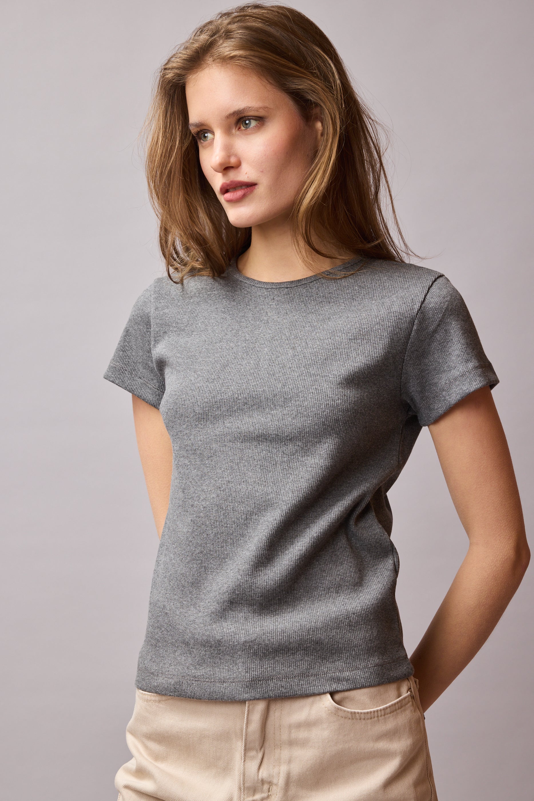 FITILLI KISA KOLLU PAMUK T-SHIRT FUME