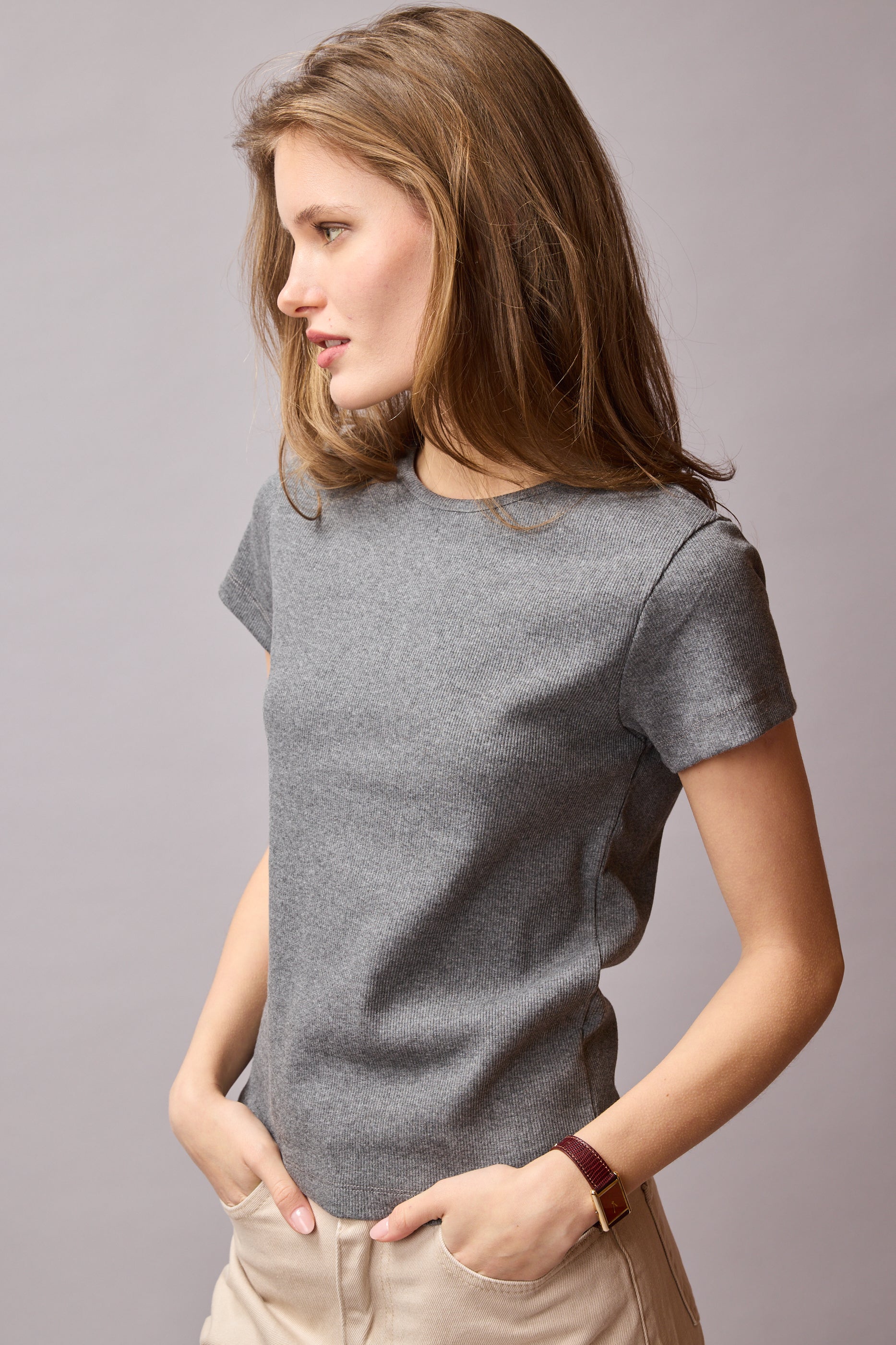 FITILLI KISA KOLLU PAMUK T-SHIRT FUME