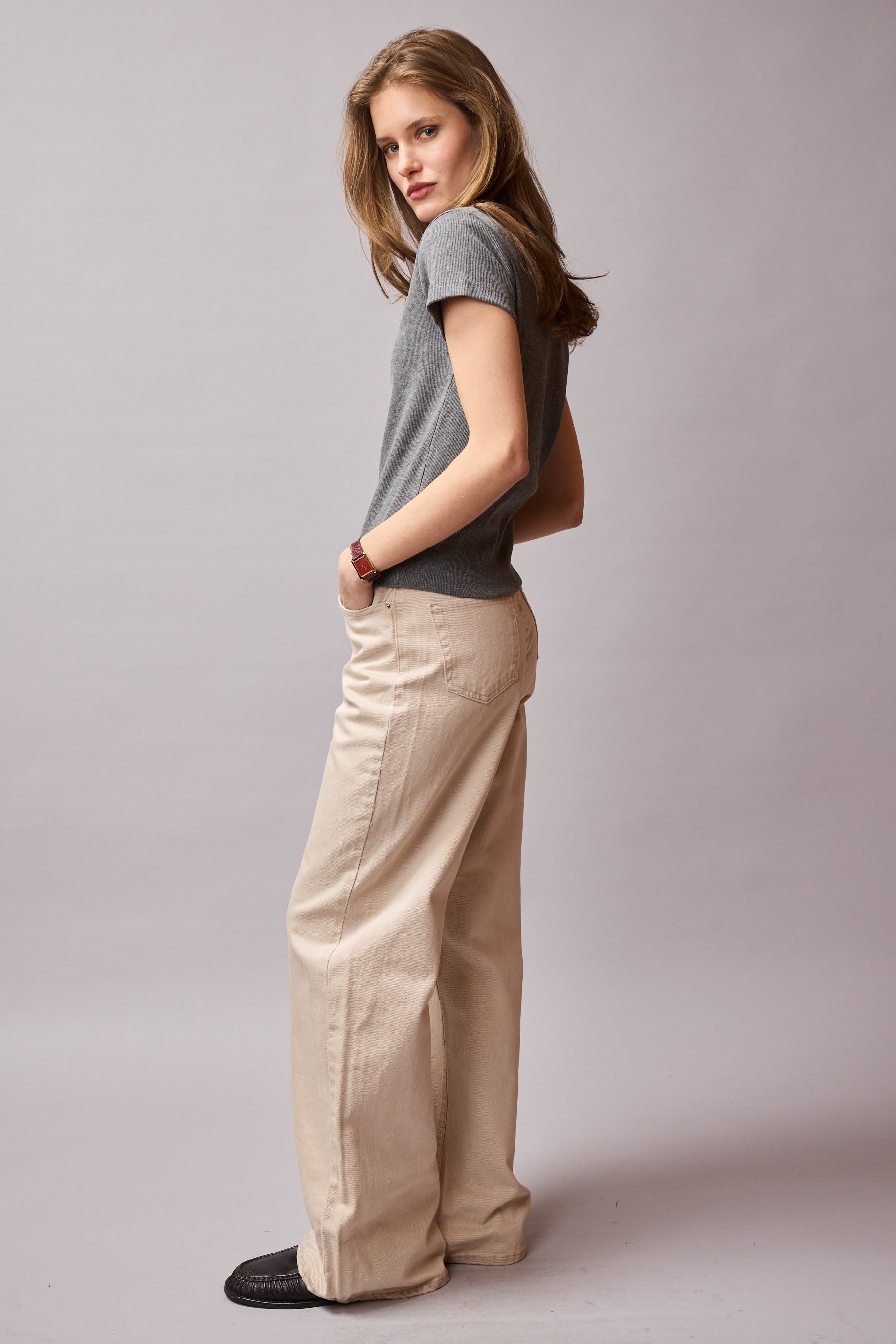 FITILLI KISA KOLLU PAMUK T-SHIRT FUME