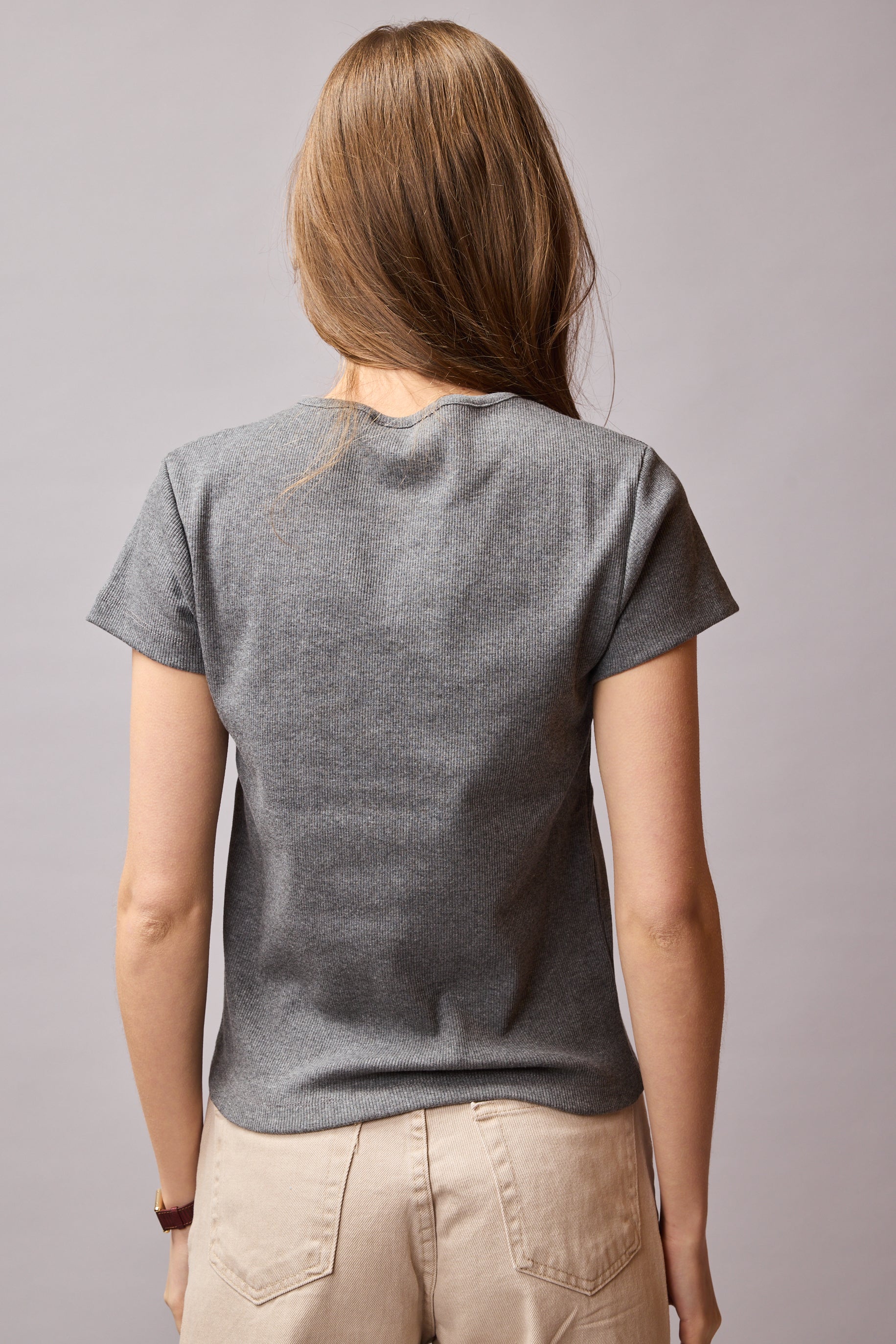 FITILLI KISA KOLLU PAMUK T-SHIRT FUME