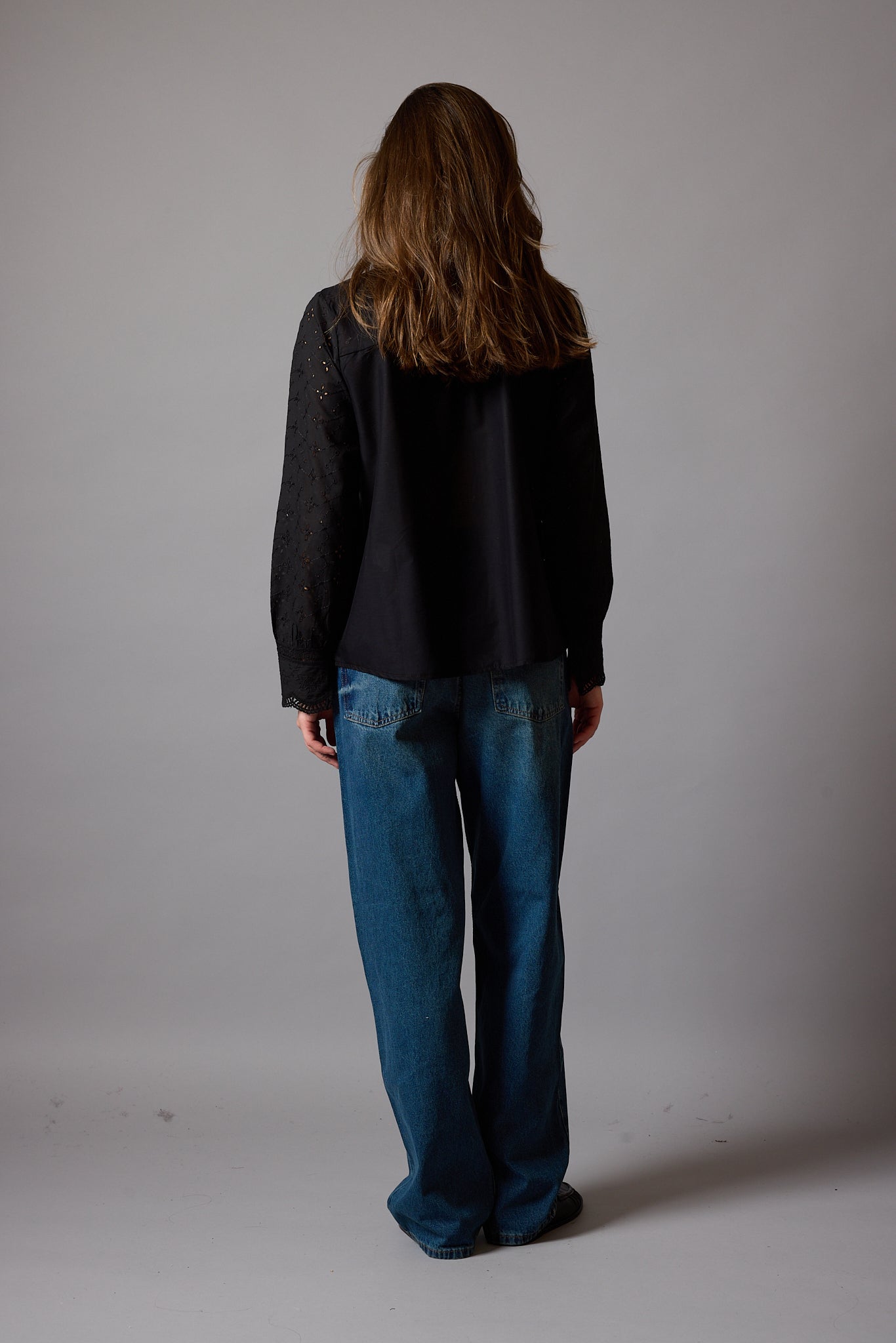 MARIA LACE DETAILED FRILLED COTTON SHIRT BLACK