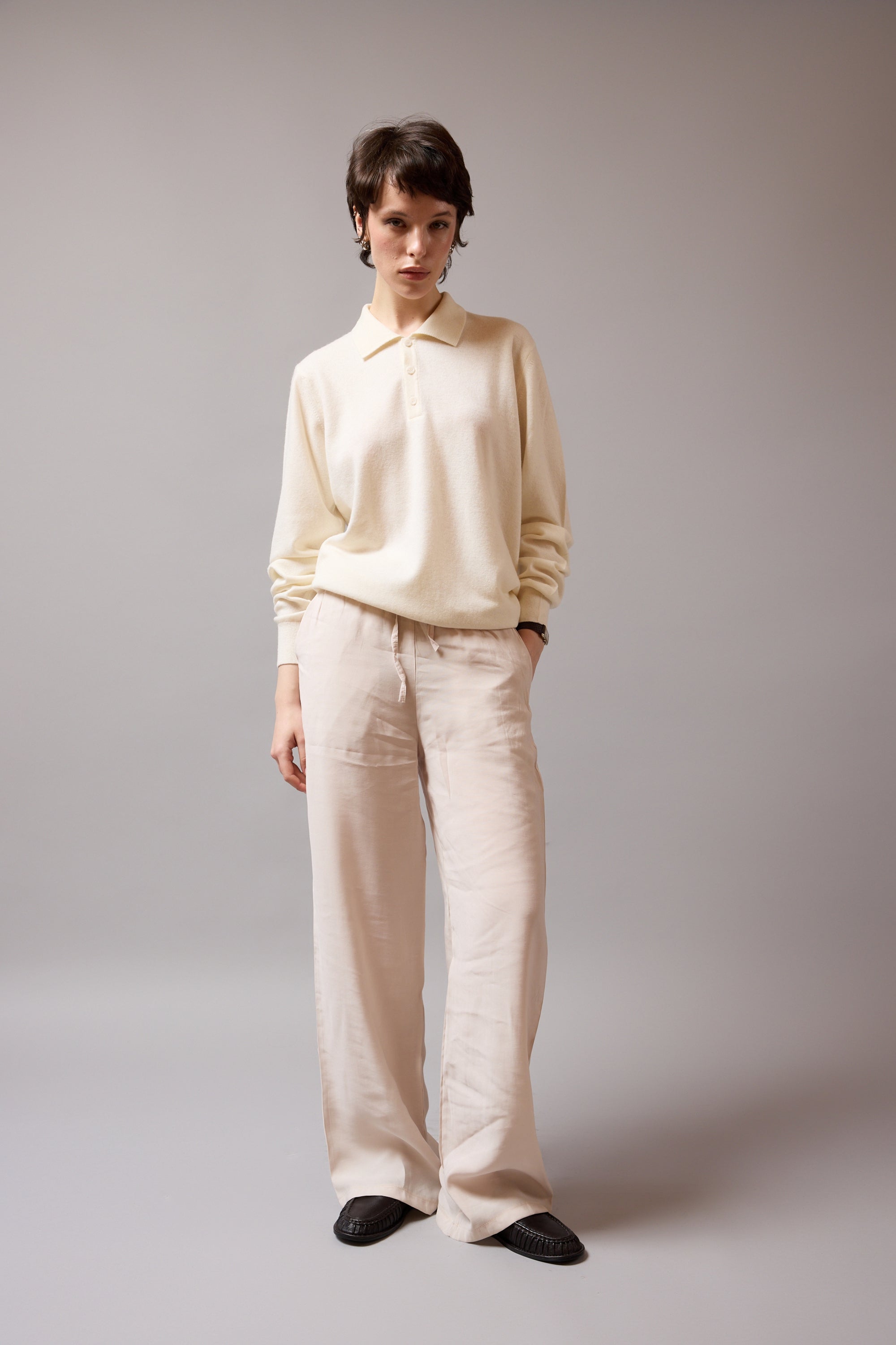 MODAL ELASTIK BEL BANTLI GENIS PACA PANTOLON KREM