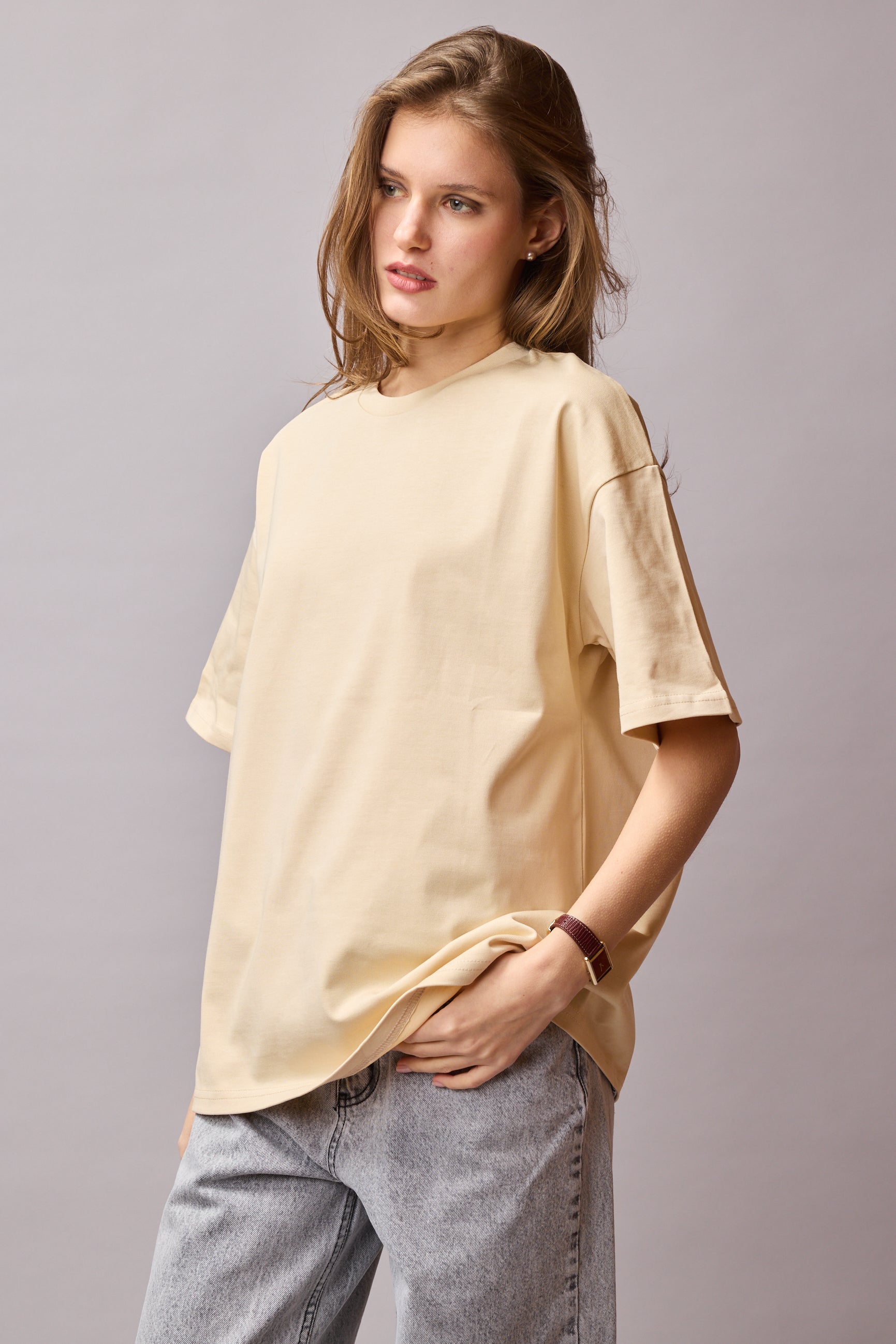 OVERSIZE KISA KOLLU PAMUK T-SHIRT BEIGE