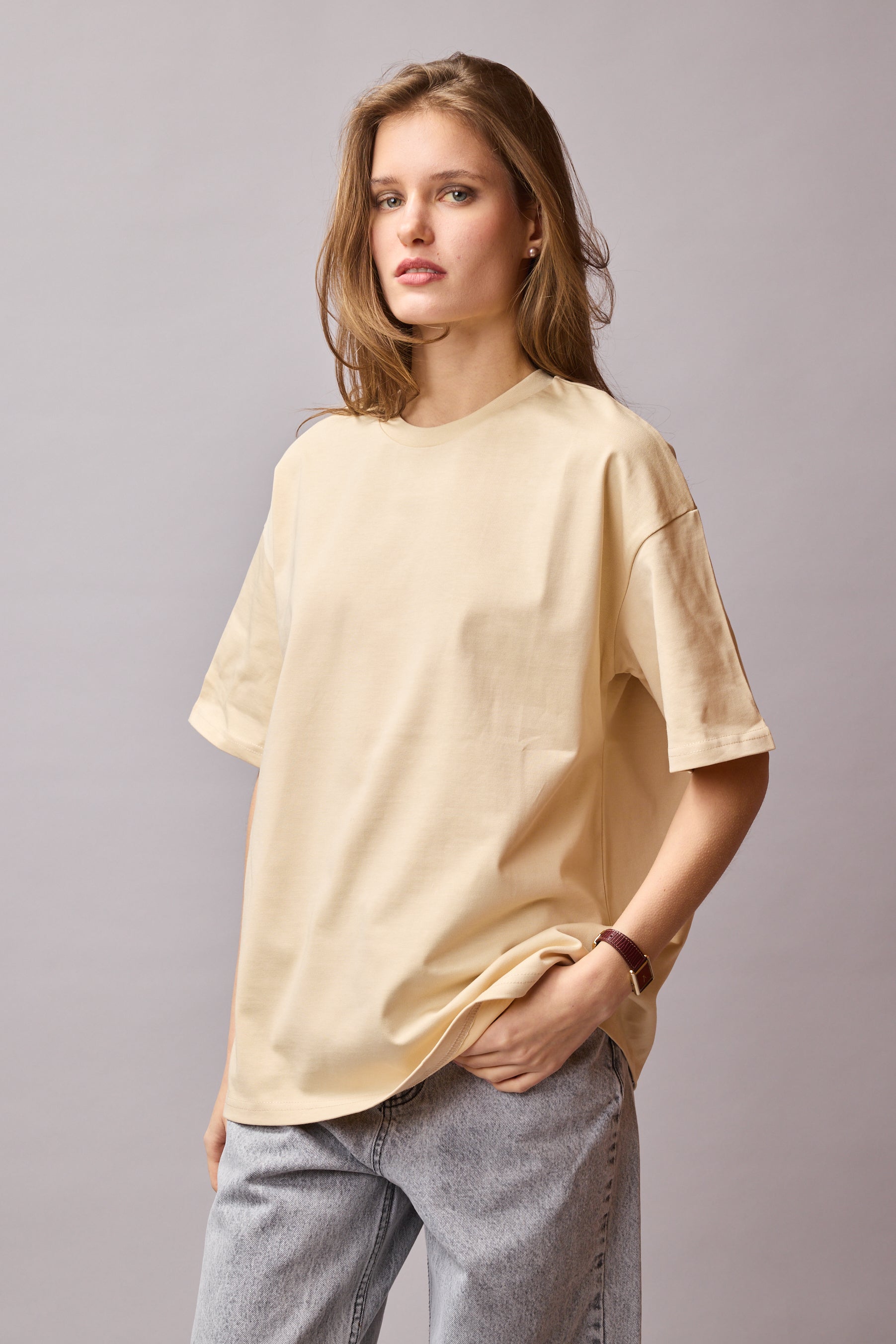 OVERSIZE KISA KOLLU PAMUK T-SHIRT BEIGE
