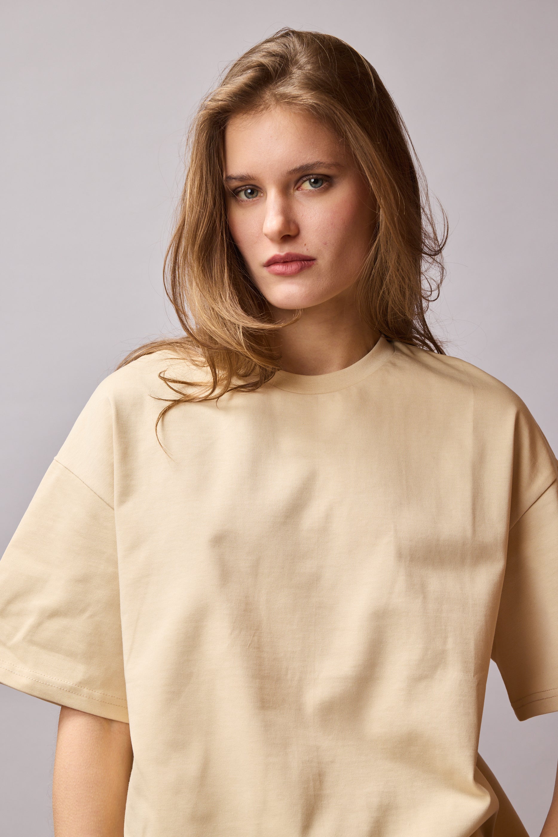 OVERSIZE KISA KOLLU PAMUK T-SHIRT BEIGE