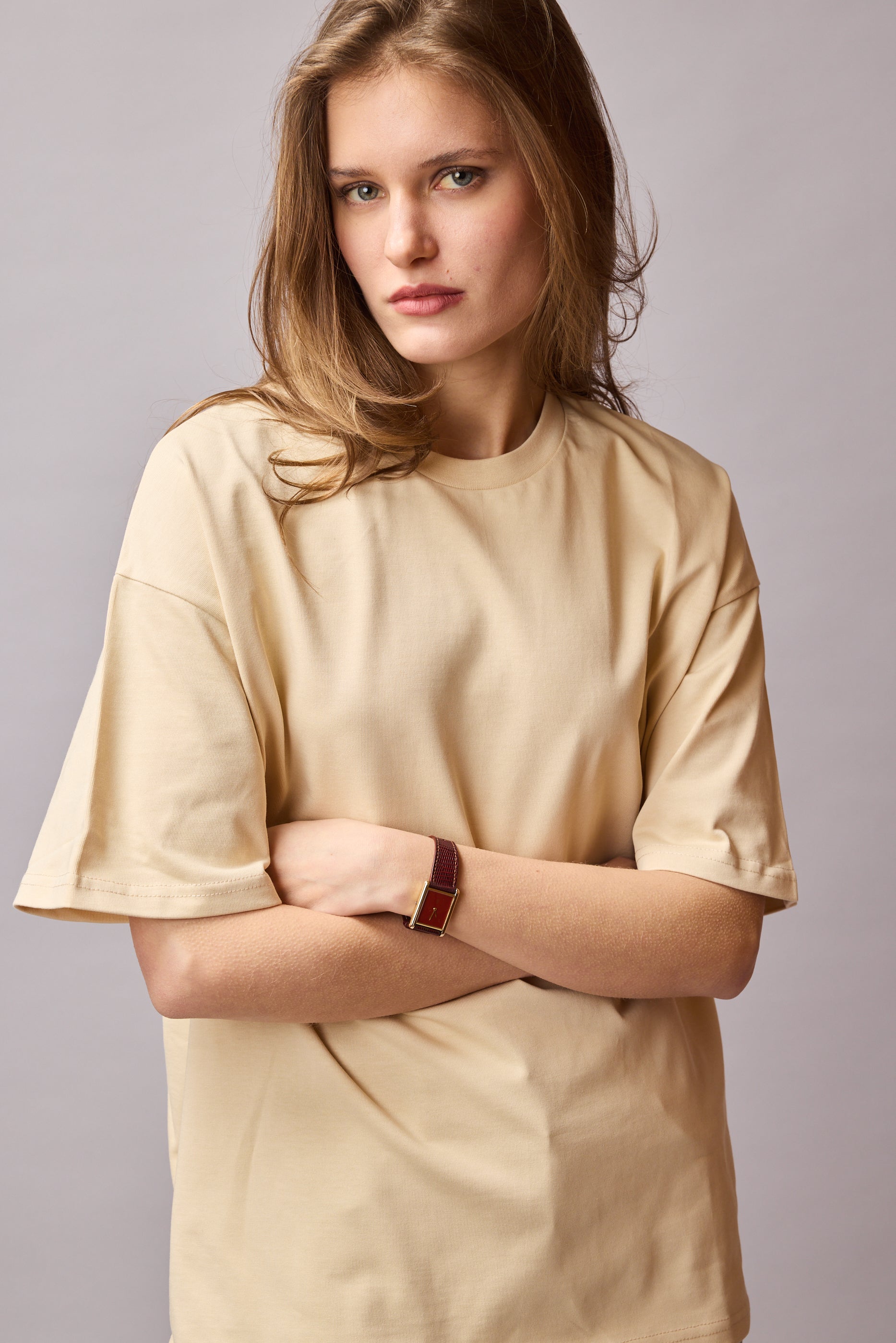 OVERSIZE KISA KOLLU PAMUK T-SHIRT BEIGE