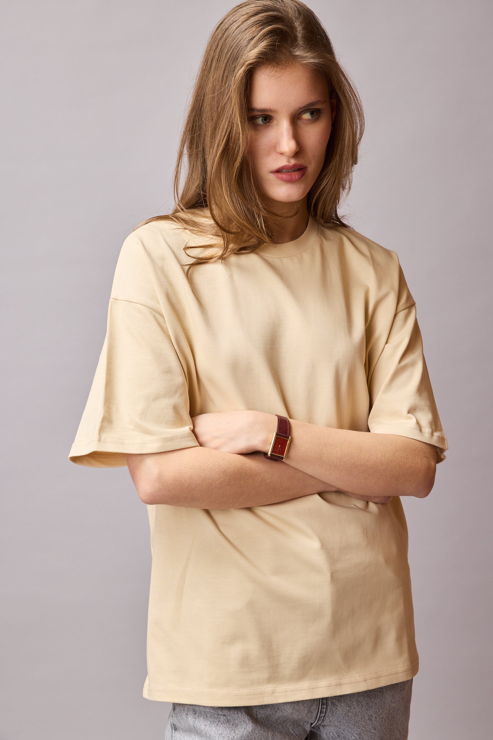 OVERSIZE KISA KOLLU PAMUK T-SHIRT BEIGE