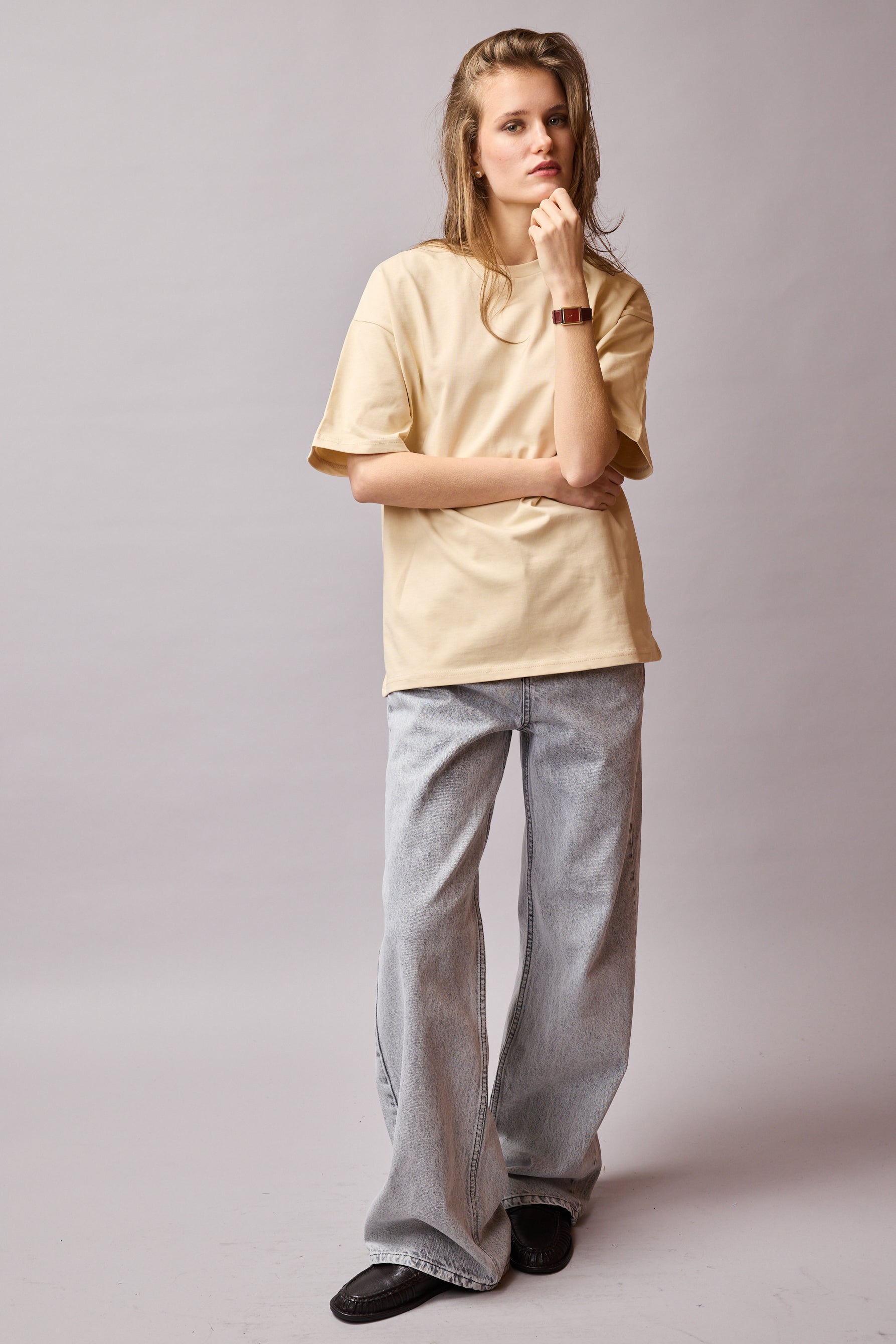 OVERSIZE KISA KOLLU PAMUK T-SHIRT BEIGE