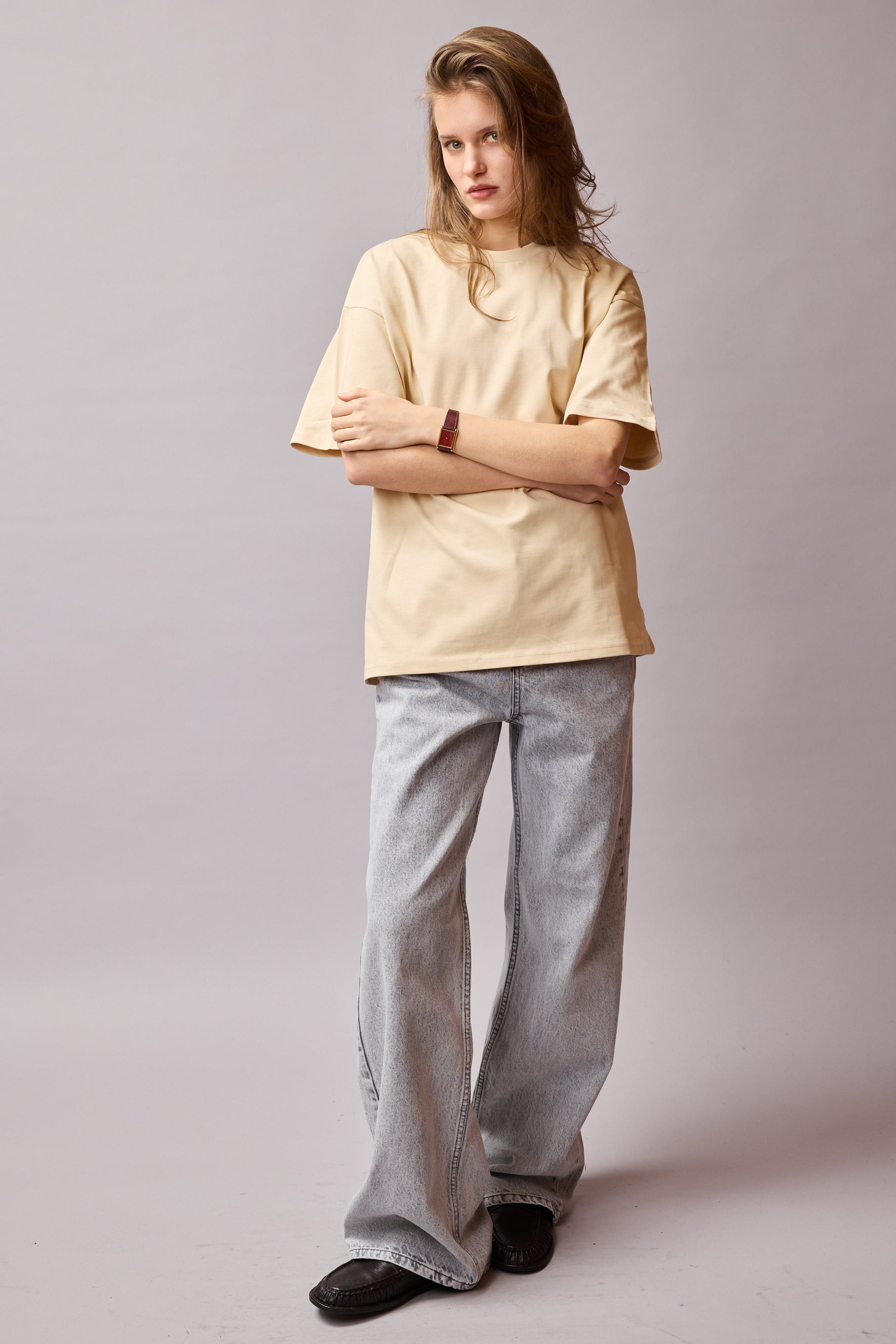 OVERSIZE KISA KOLLU PAMUK T-SHIRT BEIGE