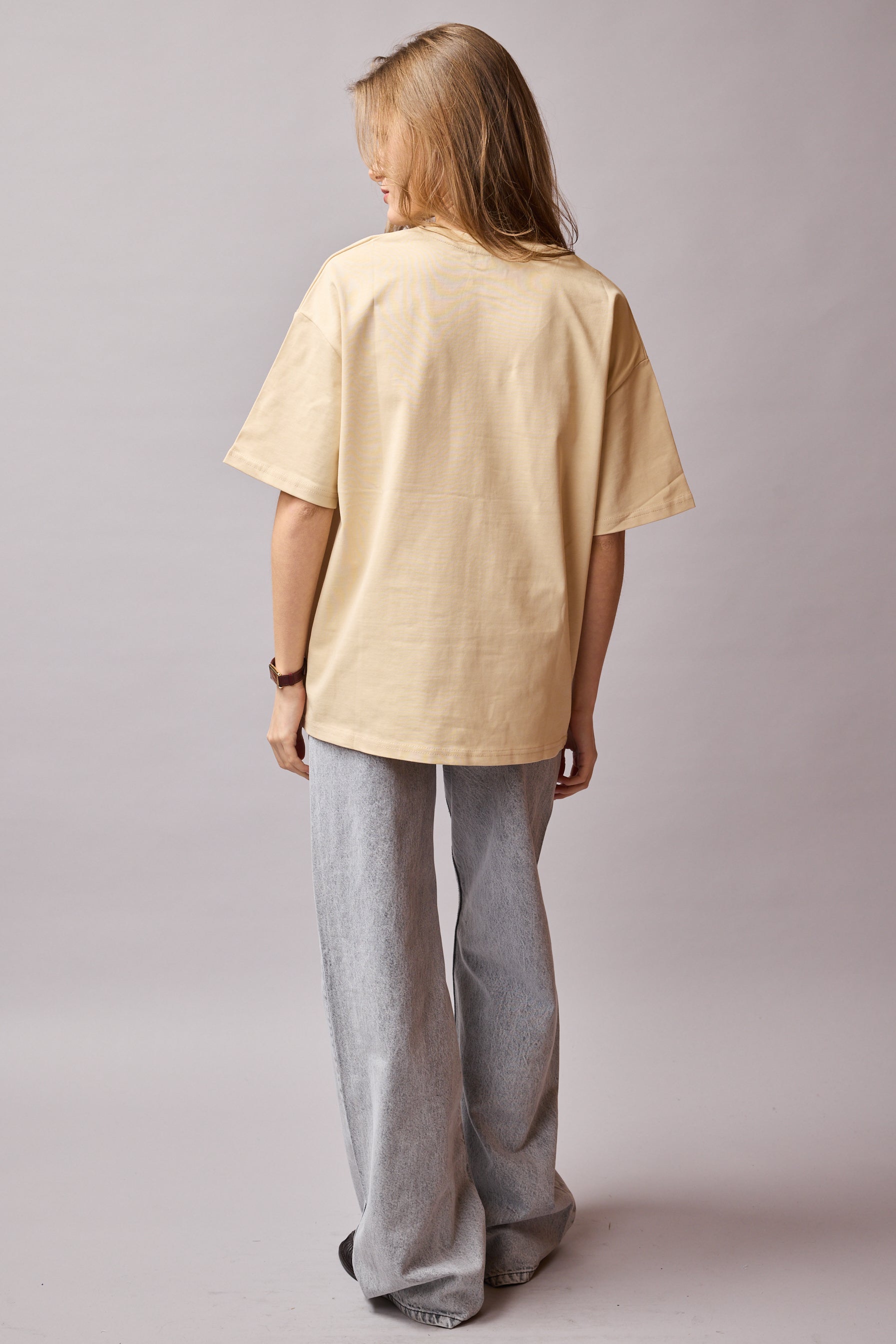 OVERSIZE KISA KOLLU PAMUK T-SHIRT BEIGE