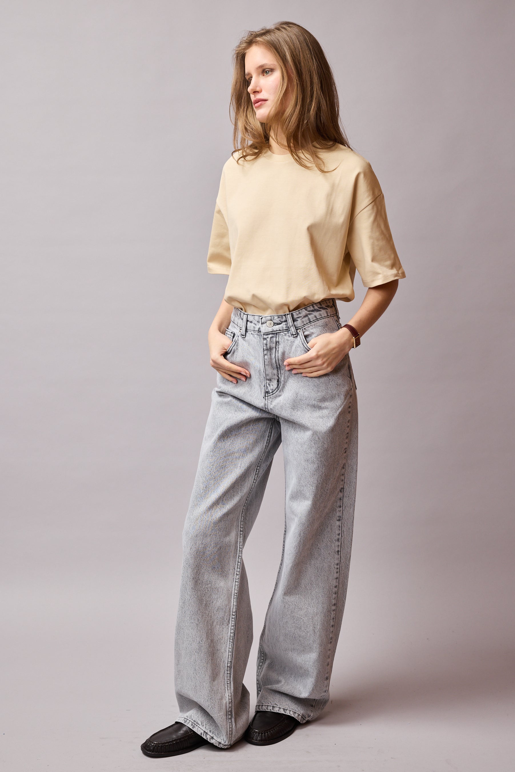 OVERSIZE KISA KOLLU PAMUK T-SHIRT BEIGE