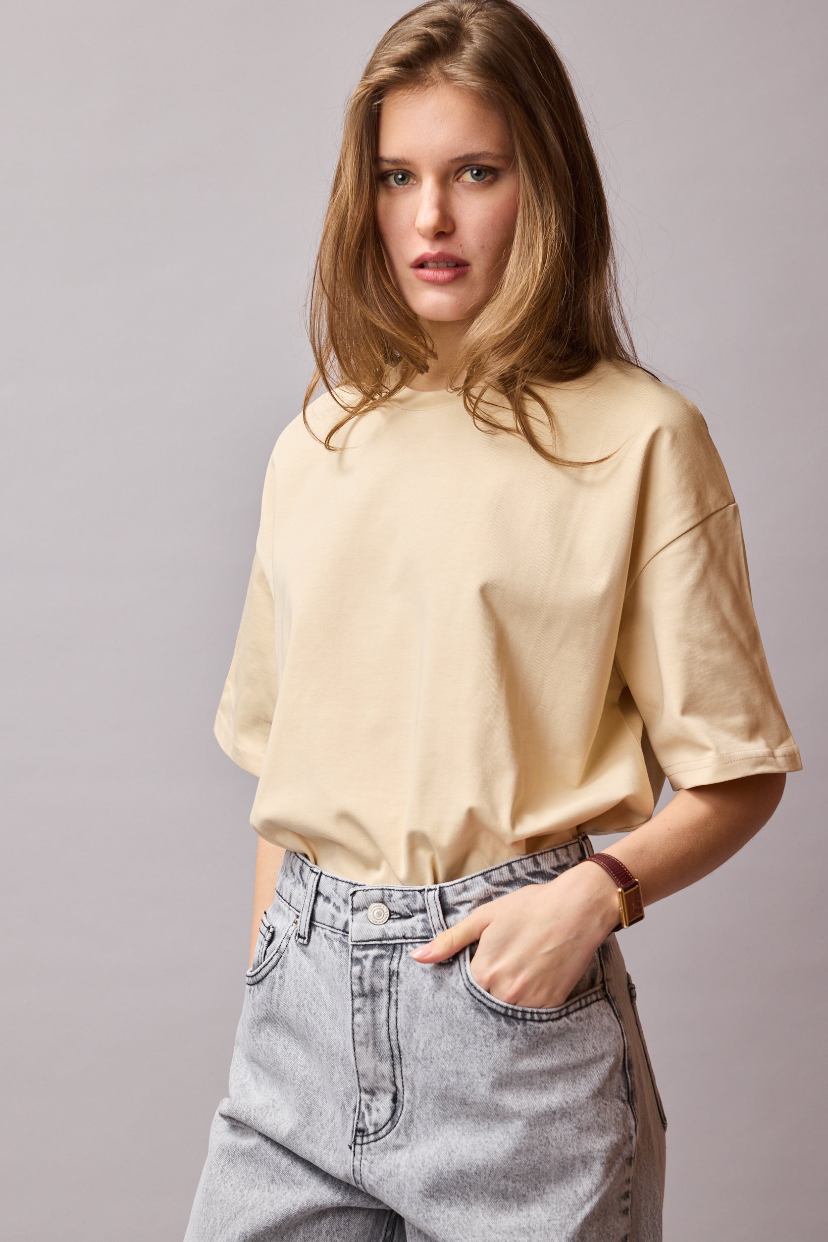 OVERSIZE KISA KOLLU PAMUK T-SHIRT BEIGE