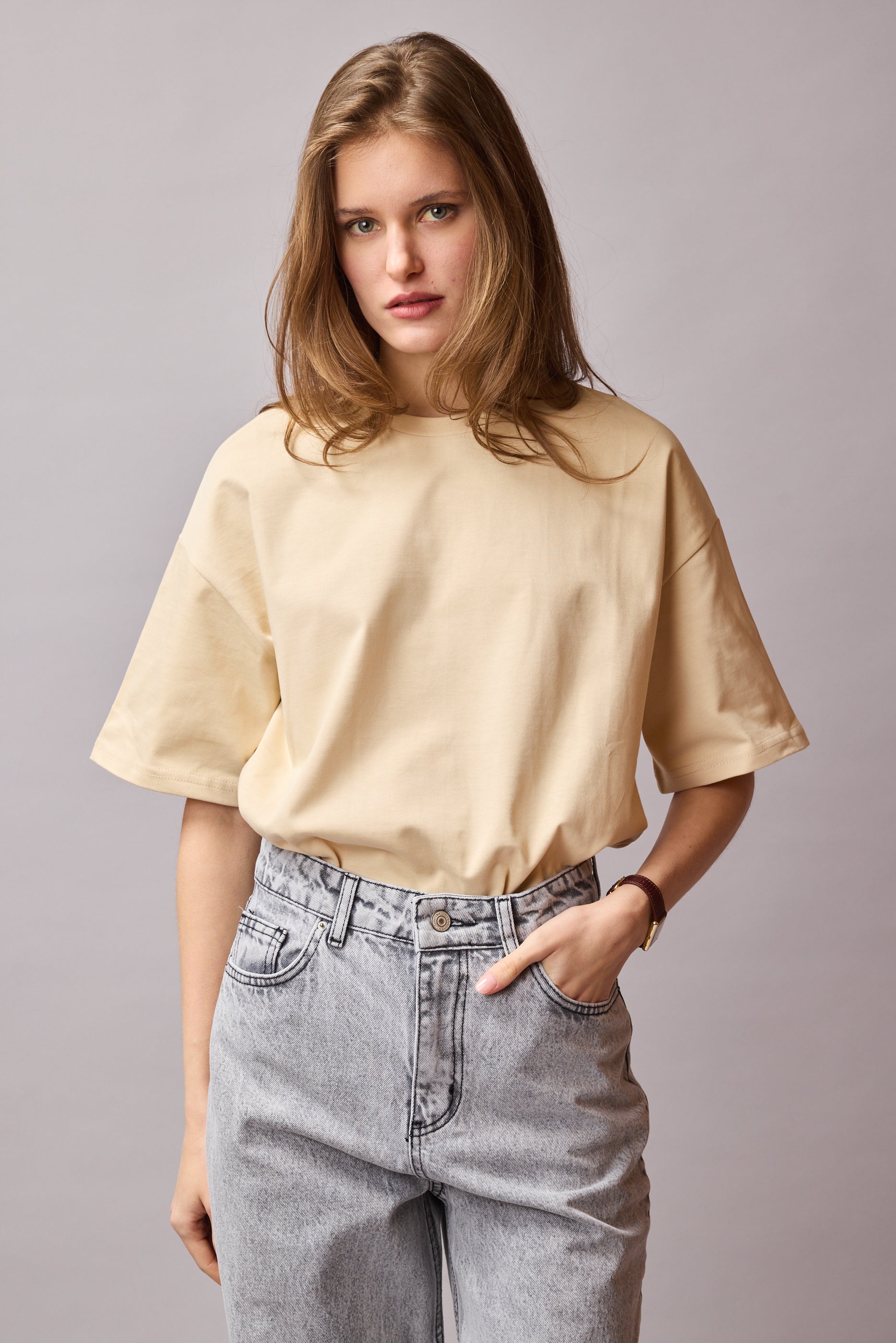 OVERSIZE KISA KOLLU PAMUK T-SHIRT BEIGE