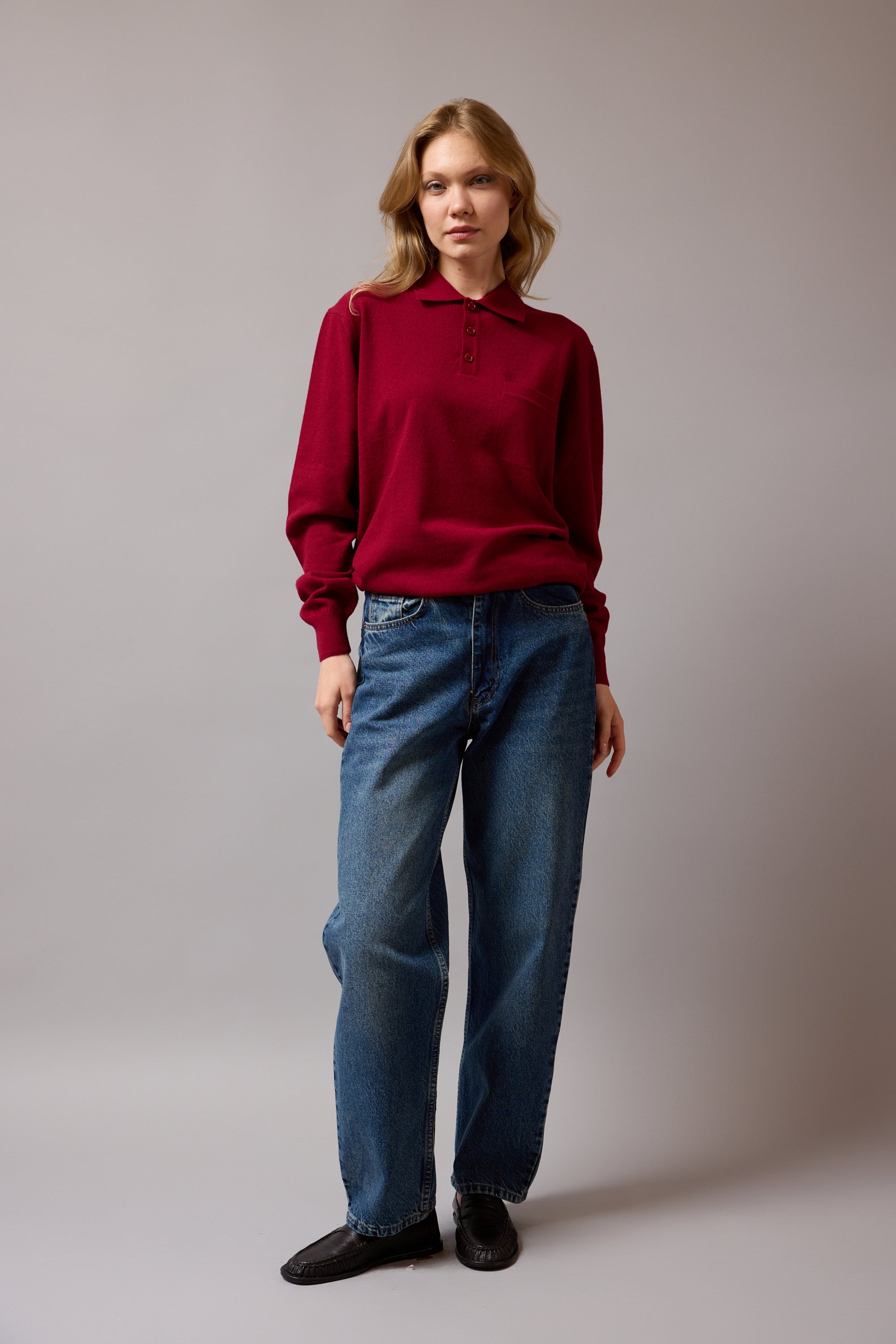 WOOL POLO COLLAR UNISEX SWEATER CLARET RED