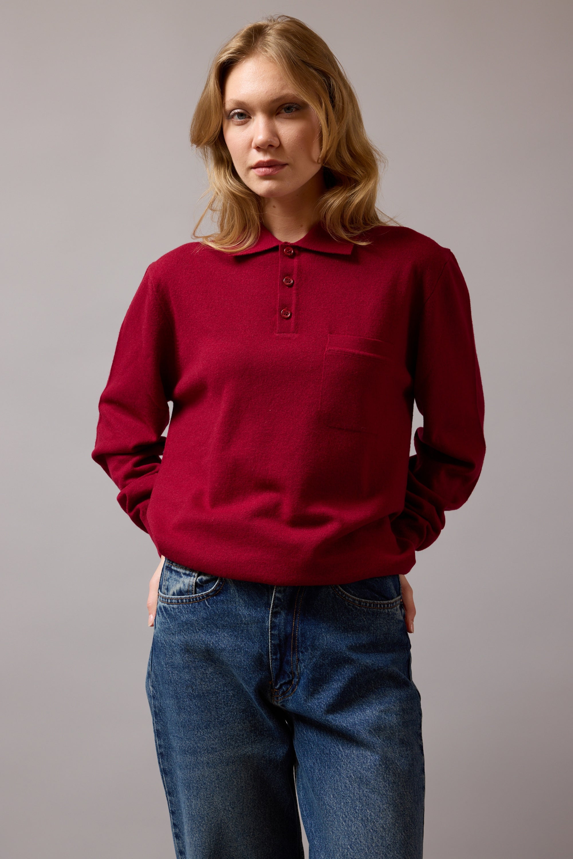 WOOL POLO COLLAR UNISEX SWEATER CLARET RED