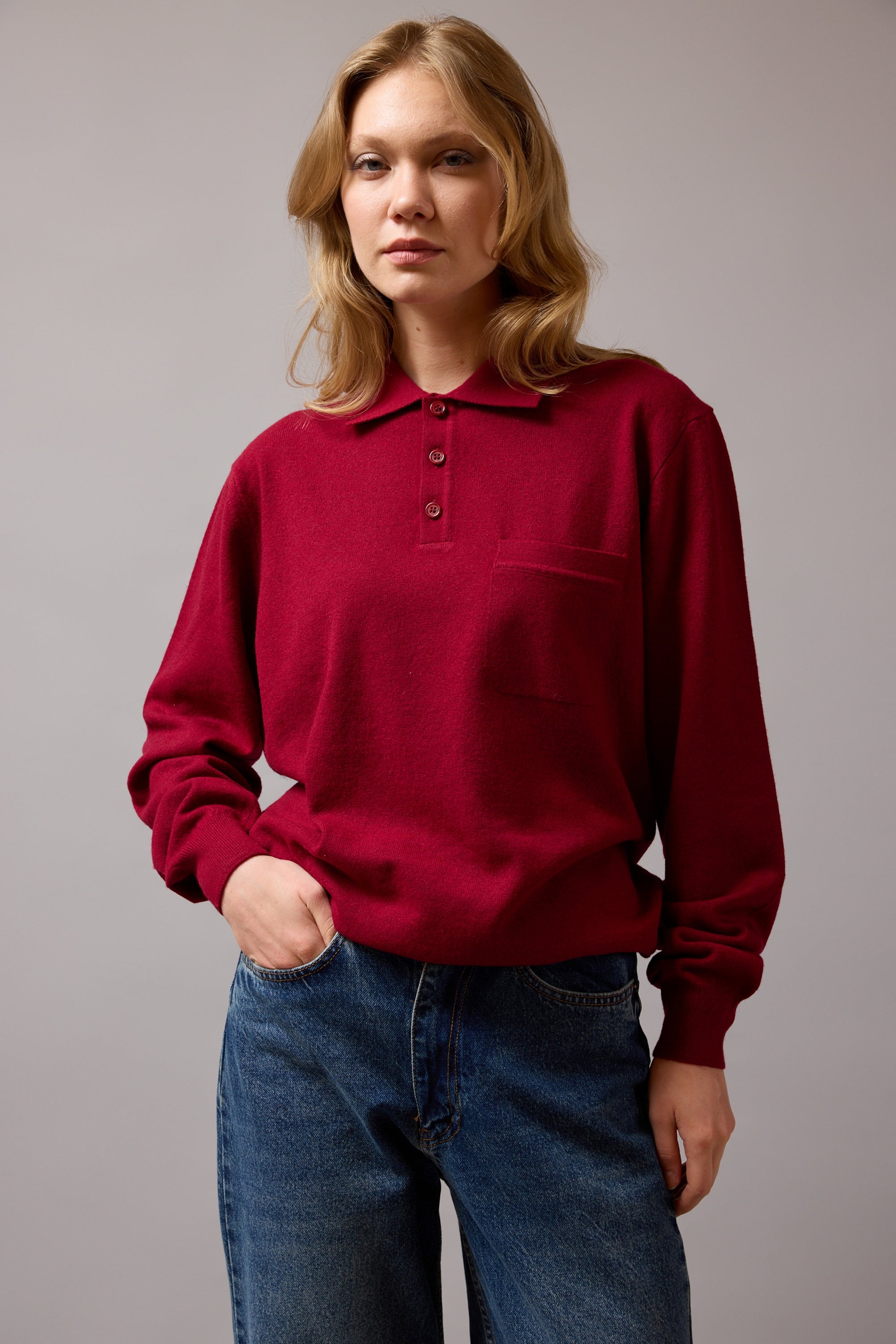 WOOL POLO COLLAR UNISEX SWEATER CLARET RED