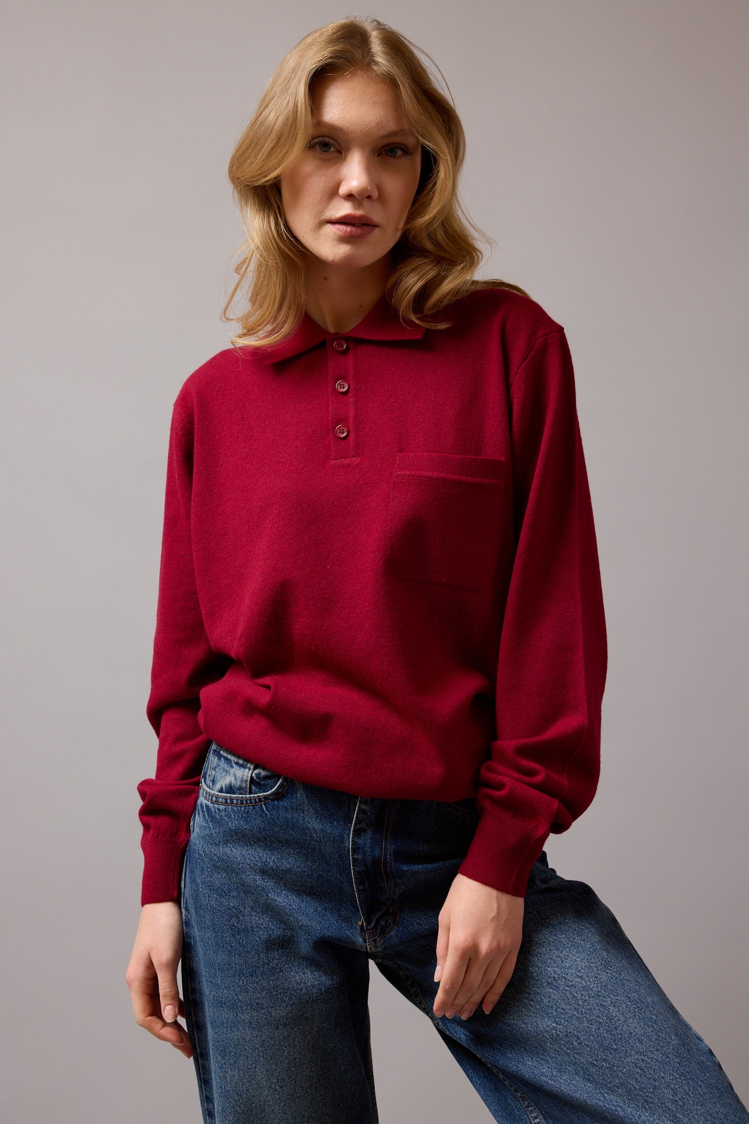 WOOL POLO COLLAR UNISEX SWEATER CLARET RED