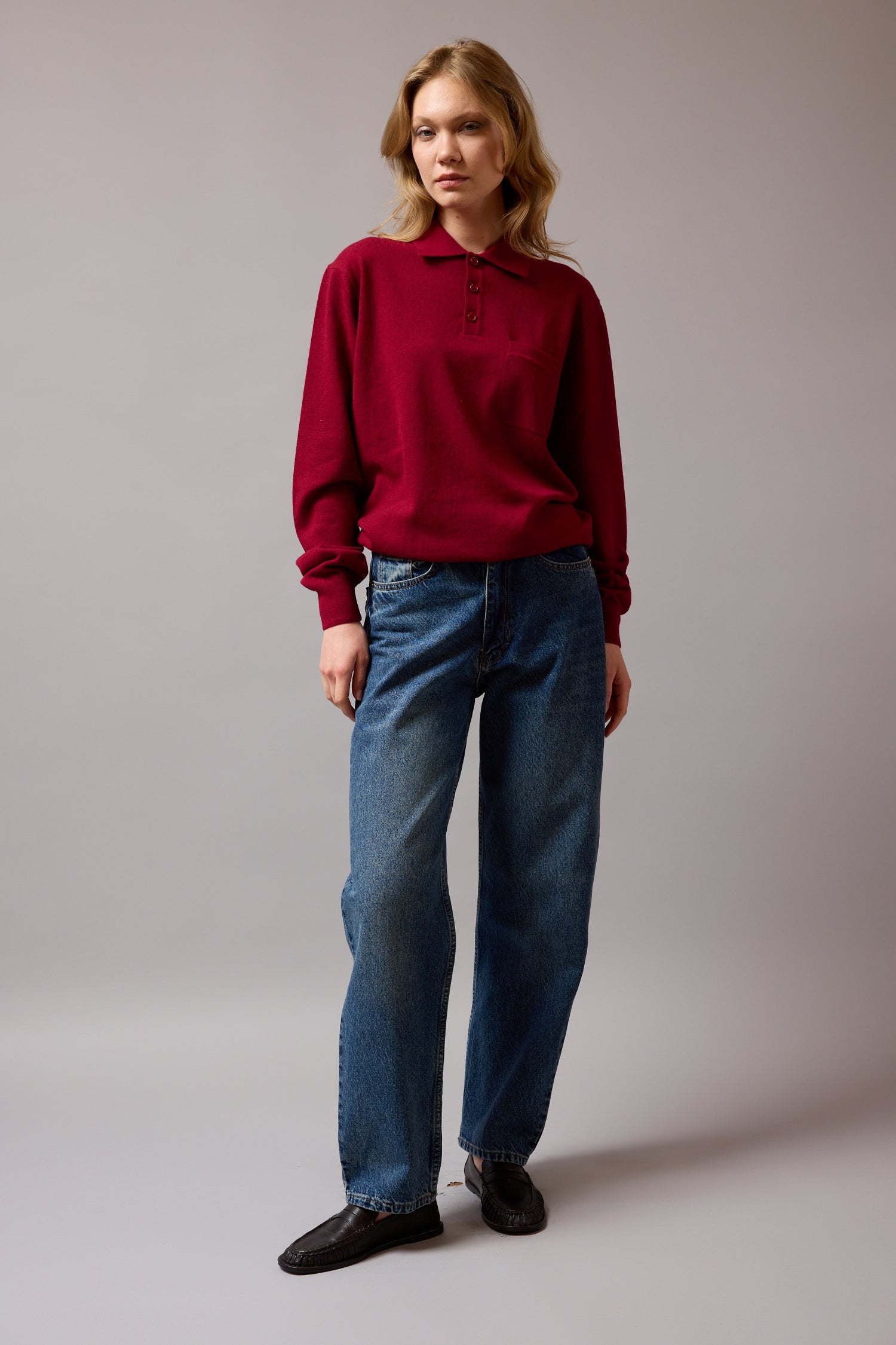 WOOL POLO COLLAR UNISEX SWEATER CLARET RED