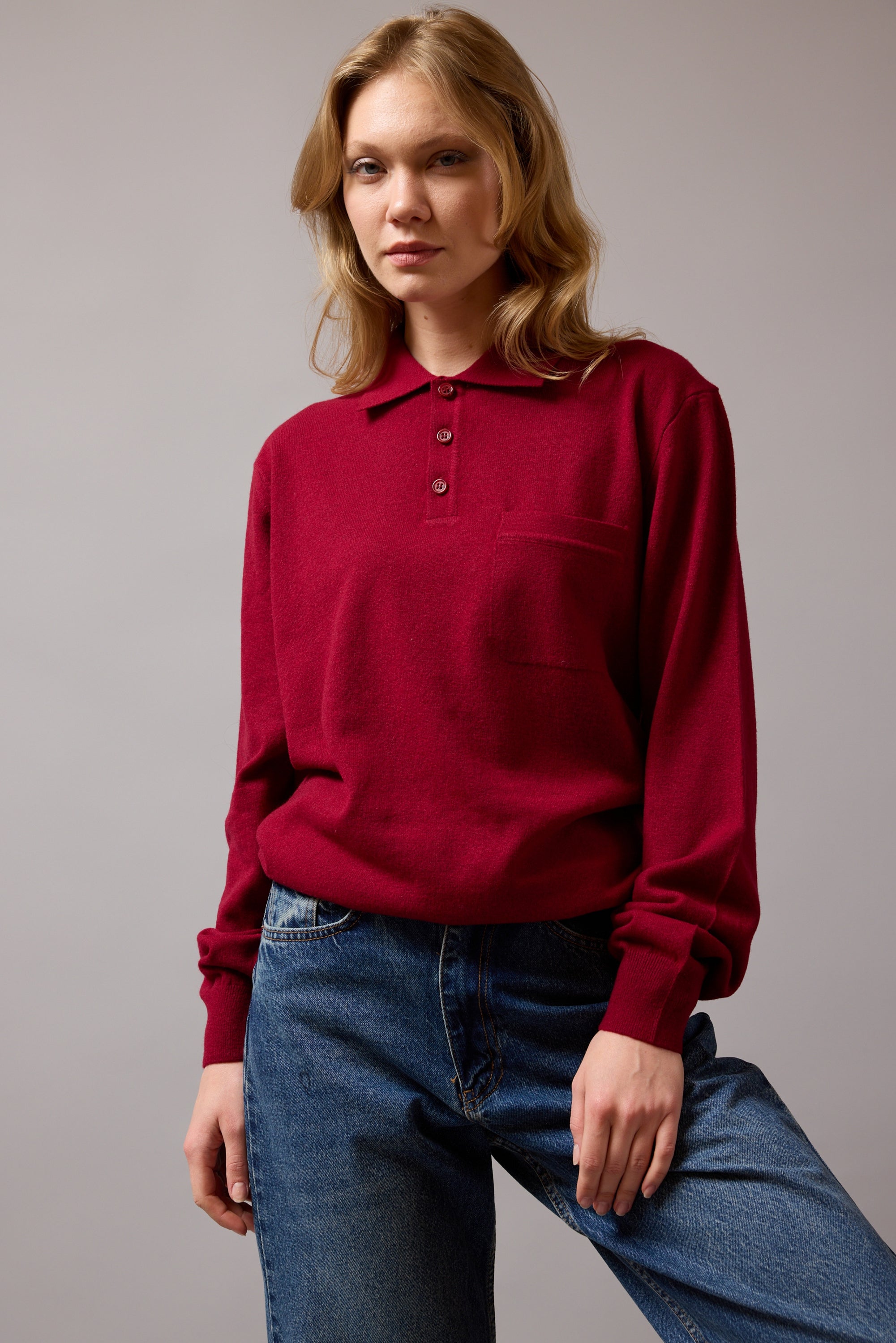 WOOL POLO COLLAR UNISEX SWEATER CLARET RED