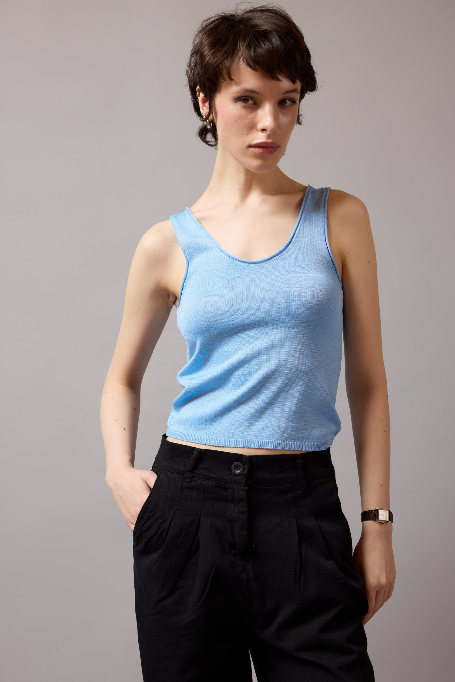 HALTER YAKA TRIKO BLUZ MAVI