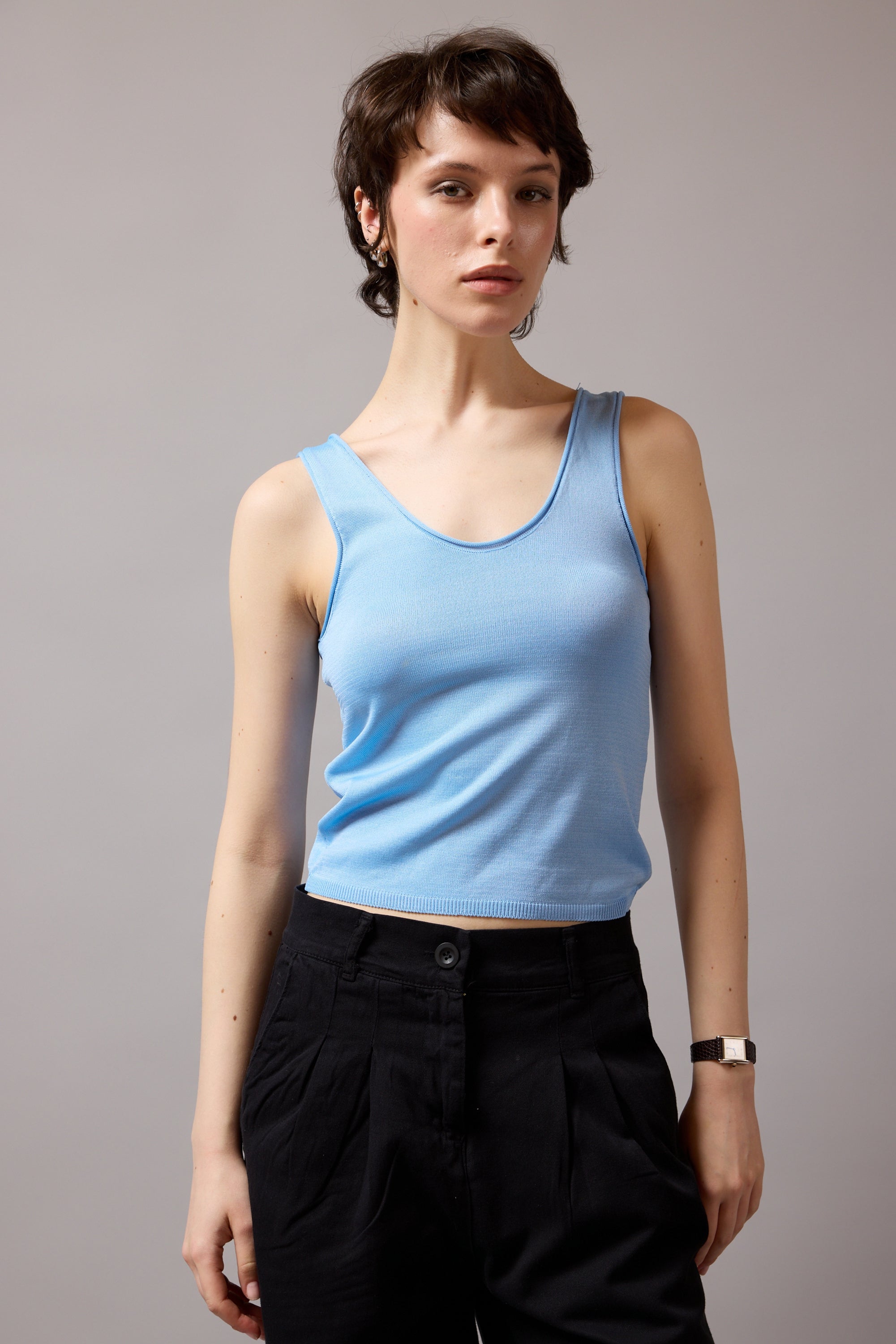 HALTER YAKA TRIKO BLUZ MAVI